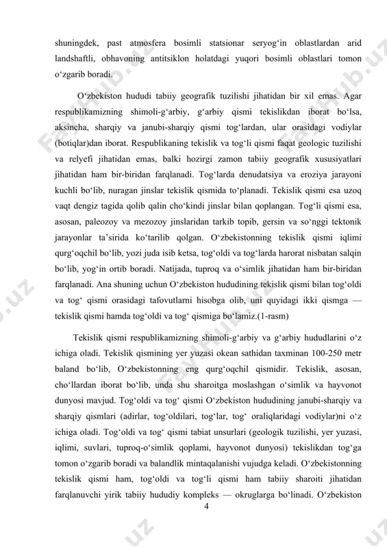 ik qismining yer yuzasi okean sathidan taxminan 100-250 metr baland bo‘lib, o‘zbekistonning eng qurg‘oqchil qismidir. tekislik, asosan, cho‘llardan iborat bo‘lib, unda shu sharoitga moslashgan o‘simlik va hayvonot dunyosi mavjud. tog‘oldi va tog‘ qismi o‘zbekiston hududining janubi-sharqiy va sharqiy qismlari (adirlar, tog‘oldilari, tog‘lar, tog‘ oraliqlaridagi vodiylar)ni o‘z ichiga oladi. tog‘oldi va tog‘ qismi tabiat unsurlari (geologik tuzilishi, yer yuzasi, iqlimi, suvlari, tuproq-o‘simlik qoplami, hayvonot dunyosi) tekislikdan tog‘ga tomon o‘zgarib boradi va balandlik mintaqalanishi vujudga keladi. o‘zbekistonning tekislik qismi ham, tog‘oldi va tog‘li qismi ham tabiiy sharoiti jihatidan farqlanuvchi yirik tabiiy hududiy kompleks — okruglarga bo‘linadi. o‘zbekiston hududini tabiiy geografik okruglarga ajratishning ular orasidagi tafovutlarni ilmiy jihatdan bilib olishdan tashqari, amaliy ahamiyati ham bor. chunki tabiiy boyliklardan oqilona foydalanib, ularni muhofaza qilish, xalq xo‘jaligi tarmoqlarini ixtisoslashtirish, eng avvalo, har bir okrug tabiati ichidagi tafovutlarni puxta bilishni taqozo etadi. o‘zbekistonning tekislik qismi 5 ta tabiiy geografik okrugga bo‘linadi: 1) ustyurt, 2) quyi amudaryo, …