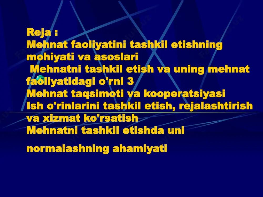 atga kirishuvini aniqlashdan iborat bo'lsa, ikkinchisi – birgalikda yoki o'zaro bog'langan faoliyat qatnashchilari o'rtasidagi munosabatlar shakllanishidan iboratdir. mehnat faoliyati insonning hal qilinadigan vazifalar va bajariladigan ishlari yig'indisidan tashkil topadi. 1) huquqiy asoslar – ishlab chiqarish munosabatlaridagi mehnat faoliyatini tashkil etishga xizmat qiladigan huquqiy mezonlar (fuqarolik, ma'muriy, egalik huquqlari, korxona ishlab chiqarishi bilan bog'liq huquqiy hujjatlar). 2) ma'naviy - psixologik asoslar – bu, mehnat faoliyatini tashkil qilishda, ishlab chiqarish munosabatlarida tomonlar o'rtasidagi o'zaro munosabatlar va ularning shakllanish jarayoni bilan yuzaga keladi (bunda yollanma ishlovchilar o'rtasidagi o'zaro munosabat, rahbar yoki korxona egasi bilan yollanma ishlovchi o'rtasidagi munosabat yoki jamoa o'rtasidagi o'zaro munosabatlar). mehnat faoliyatini tashkil etish, bir tomondan, uning asoslarini (huquqiy, ma'naviy-psixologik, iqtisodiy, ijtimoiy) yuzaga kelishi, ikkinchi tomondan, mehnat faoliyati mexanizmi shakllantirilishini taqazo etadi. 3) iqtisodiy asoslar esa, mehnat faoliyatini tashkil qilishning asosini tashkil etadi. bunda mehnat faoliyatini tashkil qilish mezonlari (ya'ni, shaxsning moddiy manfaatdorligi, bu yerda mehnat faoliyatidan qoniqish darajasi ko'zda …
