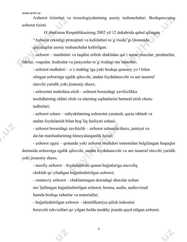 tirish hamda takomillashtirishning zamonaviy jaxon tamoiyilllarini hisobga olgan xolda milliy axborot tizimini yaratishga qaratilgan. axborotlashtirish sohasidagi davlat siyosatining asosiy yo`nalishlari quyidagilardan iborat: — har kimning axborotni erkin olish va tarqatishga konstitutsiyaviy huquqlarini amalga oshirish, axborot resurslaridan erkin foydalanishini ta`minlash; — davlat organlarining axborot tizimlari, tarmoq va hududiy axborot tizimlari, shuningdek yuridik hamda jismoniy shaxslarning axborot tizimlari asosida o`zbekiston respublikasining yagona axborot makonini yaratish; — xalqaro axborot tarmoqlari va internet jaxon axborot tarmog`idan erkin foydalanish uchun sharoit yaratish; — davlat axborot resurslarini shakllantirish, axborot tizimlarini yaratish hamda rivojlantirish, ularning bir biriga mosligini va o`zaro aloqada ishlashini ta`minlash; — axborot texnologiyalarining zamonaviy vositalari ishlab chiqarishini tashkil etish; — axborot resurslari, xizmatlari va axborot texnologiyalari bozorini shakllantirishga kumaklashish; — dasturiy maxsulotlar ishlab chiqarish rivojlantirilishini rag`batlantirish; — tadbirkorlikni qo`llab quvvatlash vav raxbatlantirish, investitsiyalarini jalb etish uchun qo`lay sharoit yaratish; — kadrlar tayyorlash va ularning malakasini oshirish, ilmiy tadqiqotlarni rag`batlantirish. axborot idrok etuvchi subyekt yoki …