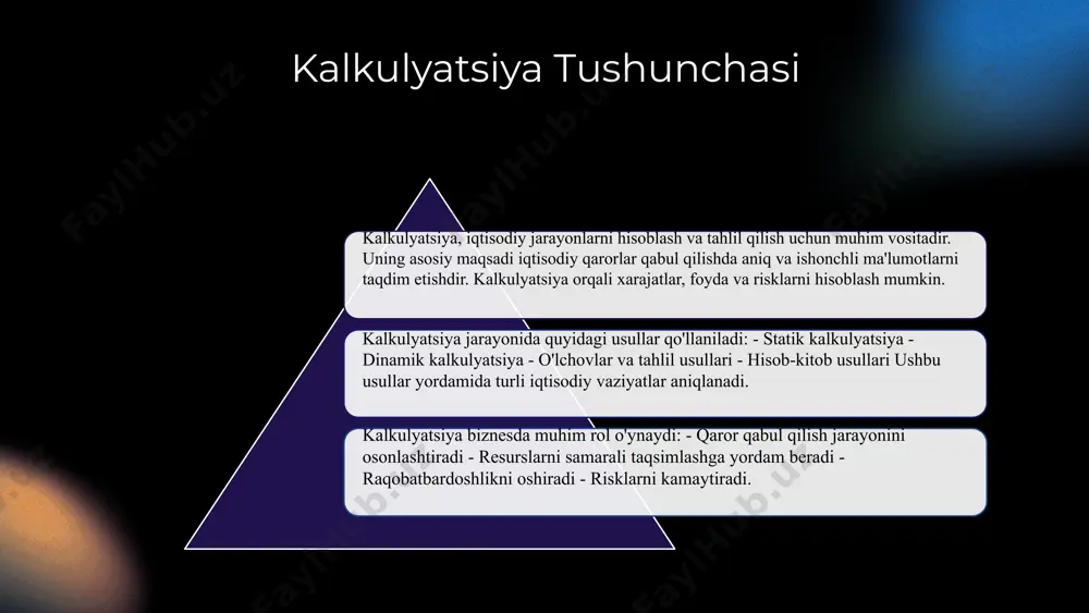 tahlil qilishda turli usullar qo'llaniladi, masalan, grafik va statistik tahlil. tahlil natijalarining biznes qarorlariga ta'siri tahlil natijalari biznes qarorlarini qabul qilishda muhim rol o'ynaydi, chunki ular strategik yo'nalishlarni belgilaydi. kalkulyatsiya natijalarini optimallashtirish imkoniyatlari natijalarni optimallashtirish uchun jarayonlarni takomillashtirish va resurslardan samarali foydalanish zarur. kalkulyatsiya natijalari bo'yicha tavsiyalar natijalarni tahlil qilib, strategiyalaringizni yangilab boring va raqobat ustunligini oshirishga harakat qiling. kalkulyatsiya natijalarining biznesga ta'siri biznes strategiyasiga ta'siri kalkulyatsiya natijalari, kompaniyaning strategik qarorlar qabul qilishida muhimdir va xarajatlarni optimallashtiradi. moliyaviy natijalarga ta'siri kalkulyatsiya natijalari, moliyaviy ko'rsatkichlarni yaxshilaydi va daromadni oshirishga yordam beradi. photo by thisisengineering on unsplash kalkulyatsiya jarayonlarida yangi texnologiyalar - raqamli texnologiyalar: bu texnologiyalar kalkulyatsiya jarayonlarini tezlashtiradi va aniqligini oshiradi. - avtomatlashtirish: jarayonlarni avtomatlashtirish ishlarni osonlashtiradi va inson xatolarini kamaytiradi. - sun'iy intellekt: sun'iy intellekt kalkulyatsiya jarayonlarini yanada samarali qiladi va ma'lumotlarni tahlil qilishda yordam beradi. photo by linkedin sales solutions on unsplash kalkulyatsiya jarayonlarini takomillashtirish kalkulyatsiya jarayonlarini takomillashtirish usullari …