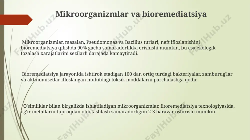 beradi. mikroorganizmlar va qishloq xo'jaligi biologik vositalar yordamida o'simliklarni himoya qilishda mikroorganizmlar, pestitsidlarga qaraganda, atrof-muhitga kamroq zarar yetkazadi va 5-10% gacha zararsizlantirishga yordam beradi. tuproq unumdorligini oshirishda, mikroorganizmlar organik moddalarni parchalaydi, bu esa o'simliklar uchun ozuqa moddalarining mavjudligini 15-25% ga yaxshilaydi. mikroorganizmlar, o'simliklarning o'sishi va rivojlanishi uchun zarur bo'lgan azotni tuproqqa bog'lashda muhim rol o'ynaydi, bu hosildorlikni 20-30% ga oshirishga yordam beradi. patogen mikroorganizmlar va kasalliklar zamburug'larning ba'zi turlari, masalan, candida albicans, immuniteti susaygan insonlarda og'ir, hatto hayot uchun xavfli bo'lgan infektsiyalarni keltirib chiqarishi mumkin; bu infektsiyalarni davolash qiyin va uzoq vaqt talab etadi. patogen bakteriyalar, masalan, salmonella turlari, oziq-ovqat mahsulotlarini ifloslantirib, yiliga 1 millionlab odamlarni oshqozon-ichak kasalliklariga chalinishiga sabab bo'ladi. viruslar, jumladan, gripp va oiv kabi viruslar, yuqumli kasalliklarning asosiy sababchisi bo'lib, global miqyosda yuz minglab o'limlarga olib keladi. mikroorganizmlarni o'rganish usullari 16s rrna gen ketma-ketligini aniqlash orqali mikroorganizmlarning taksonomik tasnifini aniqlash va ularning genetik xususiyatlarini o'rganish zamonaviy molekulyar …