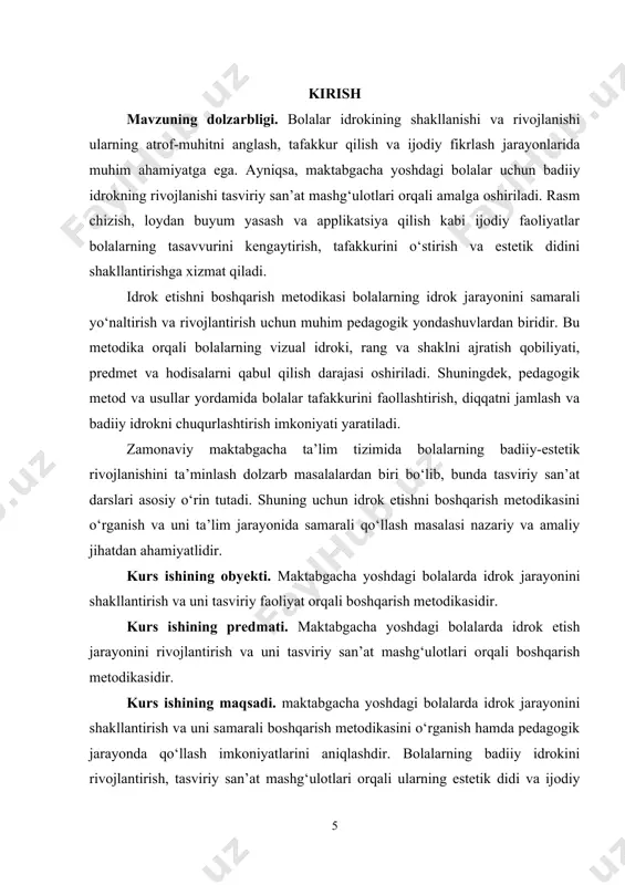 aqidagi tasavvurlarni shakllantirishga xizmat qiladi. idrok jarayoni quyidagi asosiy tarkibiy qismlardan iborat: · hissiy sezgilar – inson tashqi muhitdan oladigan asosiy axborot manbai bo‘lib, idrok jarayonining boshlang‘ich bosqichi hisoblanadi. bu bosqichda inson ko‘rish, eshitish, hid bilish, ta’m bilish va teri sezgilari orqali atrof-muhitni his qiladi. · tafakkur va ong – idrok qilinayotgan axborotni ongli ravishda qayta ishlash jarayoni. bu jarayon insonning avvalgi tajribasi va bilimlari asosida amalga oshadi. · xotira va tajriba – oldingi bilim va tajribalar asosida idrokni mustahkamlash va yangi axborotni avvalgi bilimlar bilan bog‘lash imkonini beradi. · e’tibor – idrok qilinayotgan ob’ekt yoki hodisaga diqqatni jamlash orqali ma’lumotni aniqroq va tushunarliroq qabul qilish jarayoni. idrokning tuzilishi murakkab bo‘lib, u bir vaqtning o‘zida sensor (sezgilar orqali qabul qilish), motor (harakatlar orqali ifodalash) va kognitiv (ongli qayta ishlash) jarayonlarni o‘z ichiga oladi. masalan, maktabgacha yoshdagi bola tasviriy san’at darsida rasm chizayotganda, u faqat qalam yoki bo‘yoqlarning fizikaviy xususiyatlarini emas, …