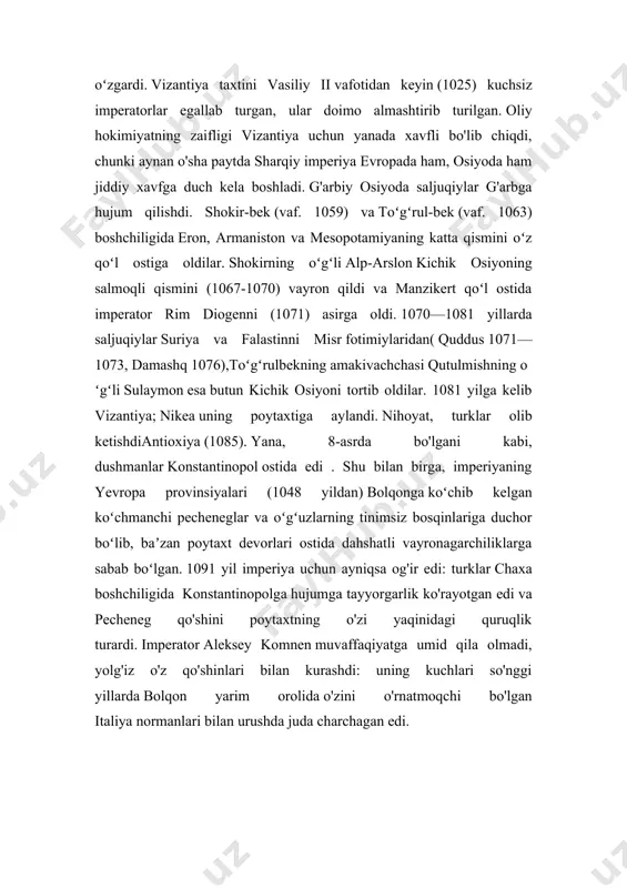 ri uchun qayg'u tuyg'usini va kofirlarga qarshi kuchli g'azabni rivojlantirdi. diniy ishtiyoqdan tashqari, xuddi shu yo'nalishda kuchli harakat qiladigan boshqa motivlar ham bor edi. 11-asrda xalqlarning buyuk koʻchishining (normandlar, ularning harakatlari) soʻnggi aks-sadosi boʻlgan harakatga boʻlgan ishtiyoq hali toʻliq soʻnmagan edi. feodal tuzumning o'rnatilishi ritsarlar sinfida o'z vatanlarida o'z kuchlari uchun ariza topa olmagan va u erga borishga tayyor bo'lgan odamlarning sezilarli kontingentini yaratdi (masalan, baron oilalarining yosh a'zolari). yaxshiroq narsani topishga umid bor edi. zulmkor ijtimoiy-iqtisodiy sharoitlar jamiyatning quyi qatlamlaridan ko'plab odamlarni salib yurishlariga jalb qildi. ba'zi g'arb mamlakatlarida (masalan, salibchilarning eng katta kontingentini bergan frantsiyada) xi asrda bir qator tabiiy ofatlar: suv toshqinlari, ekinlarning etishmasligi, epidemik kasalliklar (bular) tufayli aholining ahvoli yanada chidab bo'lmas bo'ldi. italiyaning boy savdo shaharlari sharqda xristianlarning paydo bo'lishidan sezilarli sezilarli kontingentini yaratdi (masalan, baron oilalarining yosh a'zolari). yaxshiroq narsani topishga umid bor edi. zulmkor ijtimoiy-iqtisodiy sharoitlar jamiyatning quyi qatlamlaridan ko'plab odamlarni salib yurishlariga …