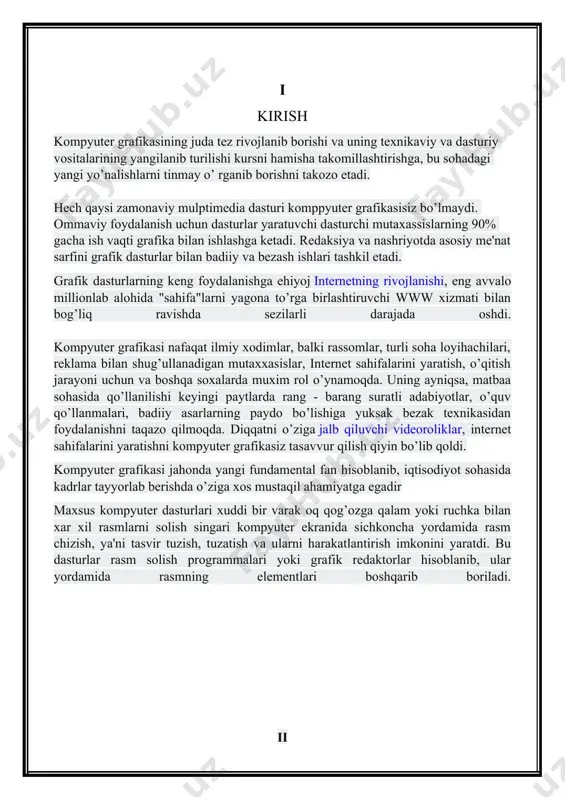 ohlari va ma 'him joylarda shartli belgili izohlar bilan ta'minlanadi. tiiorat grafikasiga tegishli bo'lgan amaliy dasturlar paketi tasvirni ekranda tezda va qulay ifodalashga qaratilgan, chunki tijoratchiningsiy maqsadi axborotlarni qayta ishlash jarayonidagi o'zgarishlarni tezda muhokama qilib, tegishli qarorlar qabul iii qilishdan iboratdir. tasavvurni yanada oshirish uchun ushbu paketlarda tasvirni turli xildagi grafika shaklida tasvirlash imkoniyati kiritilgan. bu esa, o'z navbatida, barcha turdagi tasvirlarni ekranda birgalikda ko'rib, tahlil qilish imkoniyatini oshiradi. bu paketlarning eng ahamiyatli tomoni shundaki, ular tasvirlarni turli xil shaklda berishdan tashqari aks ettirilgan grafikalarni tahlil qilish imkoniyatini ham beradi. shu sababli bu paketlarga turli xil matematik tahlil usullari, jumladan statistik tahlil, ehtimollar nazariyasi, iqtisodiy jarayonlar bashorati kabi usullar kiritilganki, ular berilgan axborot to'plamini tahlil qilish imkonini beradi. namoyish qilish grafikasi - matn, sxema, eskiz kabi hujjatlarning mashinaviy tasvirini hosil qilib uni namoyish etishga tayyorlash uchun xizmat qiladi. bu yerda eng asosiy vazifa - yuqori sifatli va chiroyli ko'rinishdagi tasvirlar …