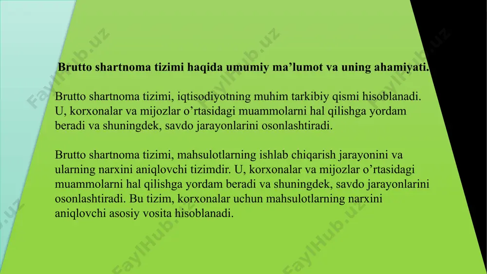 b chiqarish jarayonlarini optimallashtirish kerakligi haqida. bu tizim orqali korxonalar o’z faoliyatlarini yanada samarali va raqobatbardosh qilishlari mumkin. 9 brutto shartnoma tizimi, korxonalar uchun juda samarali hisoblanadi. ushbu tizimning foydalanish usullari quyidagicha: mahsulotlarning narxini belgilash: brutto shartnoma tizimi, mahsulotlarni ishlab chiqarish va sotish jarayonida bo’lgan barcha xarajatlarni hisobga oladi. bu xarajatlar xom ashyo sotib olish, ishlab chiqarish jarayoni, xodimlarni to’lovlar, transport xarajatlari, bozor olish va hokazo. shu bilan birga, korxonalar mahsulotlarning narxini aniq belgilashga yordam beradi. savdo strategiyasini belgilash: brutto shartnoma tizimi, korxonalar uchun mahsulotlarning qanday sotishlari kerakligini ko’rsatadi. ushbu tizim, korxonalar uchun savdo strategiyasini belgilashga yordam beradi. mahsulotlarning sifatini baholash: brutto shartnoma tizimi, mijozlar uchun ham foydali. ular mahsulotning narxini aniq ko’rish imkoniyatiga ega bo’ladi va shuningdek, ular mahsulotning sifatini baholash uchun kerakli ma’lumotlarga ega bo’ladi. 10 brutto shartnoma tizimidan foydalanish misollari va ularning iqtisodiyotga ta’siri: brutto shartnoma tizimini amaliyotda qo’llashning bir necha misollari quyidagicha: mahsulotlarni ishlab chiqarish: korxona, …