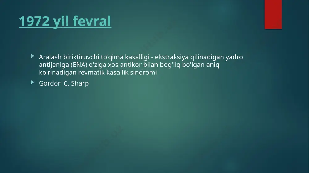 o'rganish : 5 yillik omon qolish ehtimoli - 98%, 10 yil - 96%, 15 yil - 88%. 280 bemordan 22 nafari vafot etdi. " norvegiya " tadqiqoti - 147 bemordan 12 nafari 5,6 yillik kuzatuv davomida vafot etdi. pah : 3 bemor - pahga interstitsial o'pka kasalligi - 2 bemor. malign neoplazmalar - 4 bemor. koroner yurak kasalligi - 2 bemor. 1 bemor - o'lim sababi noma'lum. acl , anti-b2-gpi va aeca ni aniqlash - o'lim xavfi yuqori. e'tiboringiz uchun tashakkur! image6.jpg image7.png image8.png image9.png image10.png image11.png image12.png image13.gif image14.png image15.png image16.png image17.png image18.png image19.png image2.png image3.png image4.png image5.png /docprops/thumbnail.jpeg