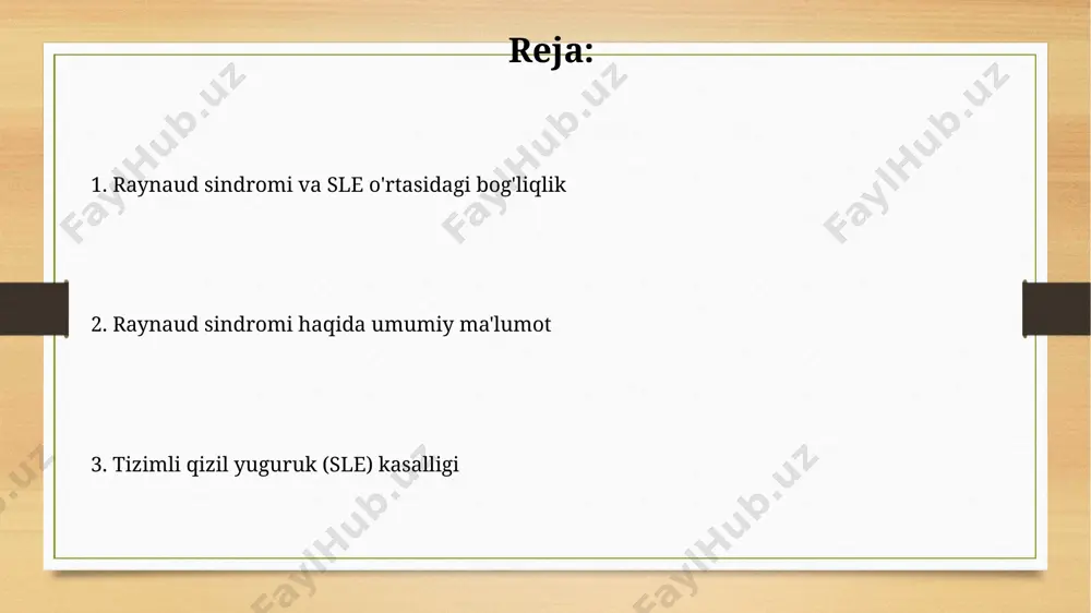 yda qon tomirlarining spazmi tufayli sovuqqa yoki stressga javoban rang o'zgarishi bilan tavsiflanadi, bu esa 15-20 minut davom etadi. raynaud sindromi ikki turga bo'linadi: birlamchi (idiopatik) va ikkilamchi, ikkinchisi boshqa kasalliklar, masalan, sle (tizimli qizil yuguruk) bilan bog'liq bo'ladi. sle nima? sle ning aniq sababi noma'lum bo'lsa-da, genetik omillar va atrof-muhit ta'sirlari, masalan, ultrabinafsha nurlanish kabi omillar rol o'ynaydi, kasallikning rivojlanish xavfini oshiradi. sle autoimmun kasalligi bo'lib, tana immun tizimi sog'lom to'qimalarga hujum qiladi, natijada 10 dan ortiq organ va tizimlar, jumladan, teri, buyraklar va yurak ta'sirlanadi. sle ning sabablari virusli infektsiyalar, masalan, epstein-barr virusi yoki parvovirus b19 kabi infektsiyalar sle rivojlanishiga turtki bo'lishi mumkin, bu kasallikning etiologiyasida muhim ahamiyatga ega. sle rivojlanishida genetik omillar muhim rol o'ynaydi, taxminan 5-10% hollarda oilaviy tarix kuzatiladi, bu esa genetik moyillikni ko'rsatadi. raynaud sindromini davolash og'ir holatlarda, simpatektomiya deb ataluvchi jarrohlik amaliyoti qo'llanilishi mumkin, bu esa simpatik asab tizimining bir qismini olib tashlash …