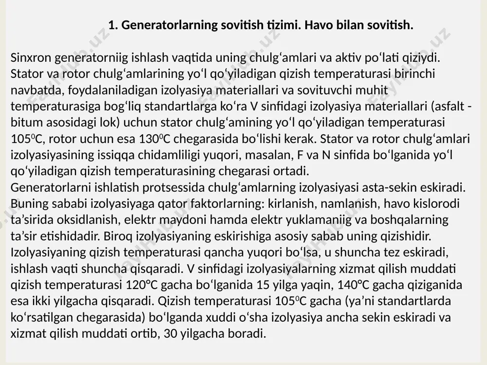 vuq havo mashinaning ikki tomonidan yuboriladi. aktiv qismi uzunligi haddan tashqari katta, havo oralig‘i esa kichik bo‘lgan turbogeneratorlarni sovitish samaradorligini orttirish maqsadida ventilyasiyaning ko‘p oqimchali radial sistemasi qo‘llaniladi. buning uchun turbogeneratorning sovitish tizimi vertikal tekisliklar 6 bilan qator seksiyalarga bo‘linadi. havo har bir seksiyaga havo oralig‘i (i va iii seksiyalarda) yoki maxsuc o‘qiy kanal 7 (ii seksiyada) orqali kiradi. qizigan qismlarning sovituvchi havo tegadigan yuzalarini orttirish uchun mashinaning aktiv po‘latida ventilyasion kanallar tizimi qilinadi. qizigan havo po‘latdagi radial ventilyasion kanallardan o‘tib, olib ketuvchi kamera 8 ga o‘tadi. qo‘p oqimchali ventilyasiya turbogeneratorning butun uzunligi bo‘yicha bir xil sovishini ta’minlaydi. tashqariga havoning qisman chiqishdan hosil bo‘ladigan isrofni to‘ldirish uchun sovuq havo kamerasiga o‘rnatilgan qo‘shaloq moy filtr 9 orqli qo‘shimcha havo olish ko‘zda tutilgan. 3. gidrogeneratorning havo bilan sovitish tizimi havo bilan bilvosita sovitishniig berk tizimli gidrogeneratorlarda ancha keng qo‘llanadi. gidrogeneratorning ventilyasiya tizimi 3.1 – rasmda ko‘rsatilgan. 3.1-rasm. gidrogenertor ventilyatsiyasining yopik tizimi: 1-rotor, …