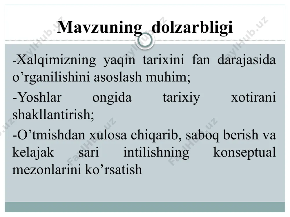 yanishni nazarda tutadi muqobillik ob'ektiv voqelik va imkoniyatlarni tahlil qilish asosida ayrim hodisalar, jarayonlarning yuzaga kelish ehtimolligini aniqlashga yordam beradi ijtimoiy yondashuv -turli xil ijtimoiy guruhlar va ularning bir jamiyatda faoliyat yuritayotgan rahbarlari manfaatlarini hisobga olish o’zbekistonning eng yangi tarixini o’rganushning nazariy-metodologik asoslarni kuzatish va taqqoslash ilmiy xolislik tarixiylik tahliliylik quyidagi mavzular fanning muammoli sohasiga kirib keldi: ♦ ijtimoiy va siyosiy hayotda amalga oshirilayotgan islohotlarning ahamiyati; ♦ fuqarolik jamiyatini shakllantirish va rivojlantirish yo'llari; ♦ ijtimoiy-iqtisodiy islohotlarning tabiati, mazmuni; ♦ o'zbekistonning xalqaro munosabatlar tizimidagi o'rni; ♦ markaziy osiyodagi geosiyosiy vaziyat; ♦ tarixiy retrospektivda milliy xavfsizlik; ♦ millatlararo va dinlararo munosabatlar va boshqalar. adabiyotlar: каrimov i.a. o’zbekiston mustaqilikka erishish ostonasida- т: o’zbekiston, 2011. o’zbekistonning yangi tarixi. (n.jo’raev tahriri ostida)3 jild.t:sharq, 2000. маврулов а.а. культура узбекистана на современном эта­пе: общее состояние, проблемы, тенденции развития (середина 70-х - 1990 гг.): автореф. дис. ... докт. ист. наук. - ташкент, 1993. сабиров а. новейшая история узбекистана: …