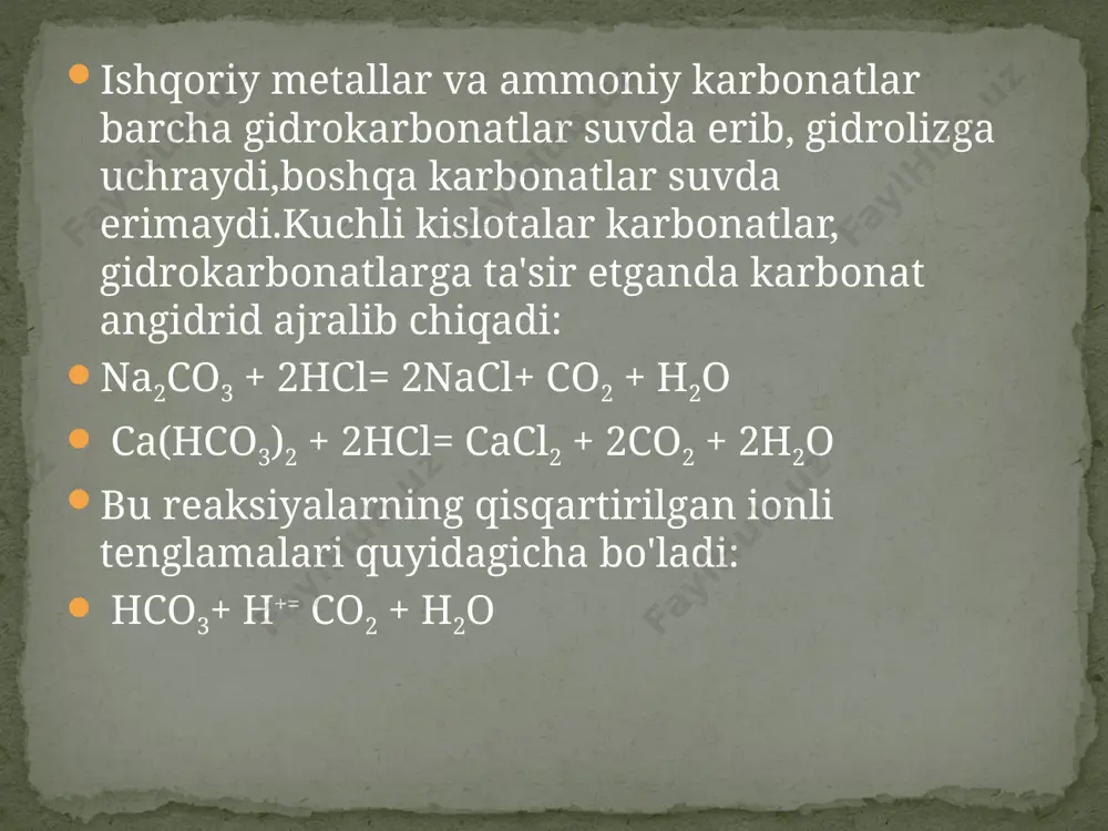 shunday qilib, biz uni "og'ir" deb ataymiz. bu monoklinik kristalli tizimga ega bo'lgan karbonatli material. bu birikmaning molyar massasi 485,65 g/mol. u oq rangga ega va uning rangi oqdan kul ranggacha. bundan tashqari, bu yarim shaffof material. bu birikma tutunni, qurituvchi va plomba moddasi sifatida foydalidir. bu suvda ham erimaydi, lekin u suyultirilgan kislotalarda eriydi. e’tiboringiz uchun rahmat image3.png image4.png image5.png image6.png image7.png image8.png image9.png image10.png /docprops/thumbnail.jpeg