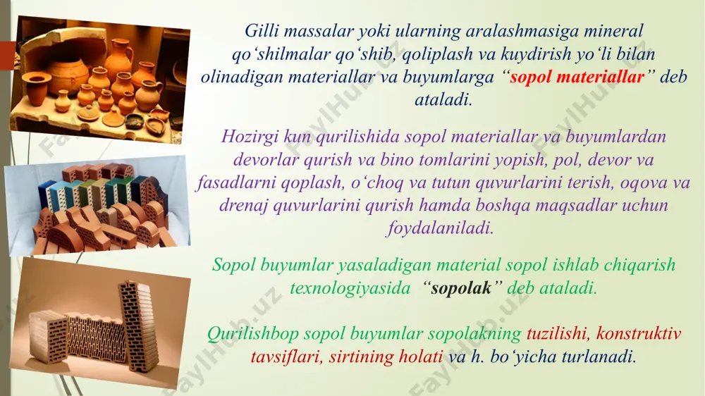 li qurilish buyumlari xamda me’morchilik qismlari tayyorlanadi. gilning texnologik xossalarini yaxshilash uchun, shuningdek, tayyorlangan buyumlar ma’lum fizik-mexanik xossalarga ega bo‘lishi uchun tarkibiga yog‘sizlantiruvchi, kuyib ketadigan va plastiklovchi qo‘shilmalar qo‘shiladi. gil tarkibida dala shpati (granit, sienit, gneys va x.) bo‘lgan ba’zi magmatik va metamorfik tog‘ jinslarining mexanik emirilishi va kimyoviy parchalanish mahsuloti hisoblanadi. dala shpatining parchalanishi natijasida kaolinit minerali al2o32sio22h2o hosil bo‘lgan. plastiklik deb, gil qorishmasining tashqi kuchlar ta’siri ostida darzlar hosil qilmasdan kerakli shaklga kirishi va kuch olingandan keyin shu shaklini saqlab qolishiga aytiladi. gil tarkibida gil zarrachalarining miqdori ortgan sari uning plastikligi ortadi. gilning bog‘lanish xususiyati shu bilan ifodalanadiki, gil plastik bo‘lmagan materiallarning zarrachalarini bog‘lashi (qum, shamot va boshqalar) va quriganida etarli darajada mustahkam xom ashyo hosil qilishi mumkin. gillarning havoda kichrayishi 1100s da quritish jarayonida endigina qoliplangan namunaning chiziqli o‘lchamlarida foiz hisobida ifodalanadi. yuqori plastik gillarning havoda chiziqli kichrayishi 10 % dan ortiq, o‘rtacha plastiklikdagi gilniki 6-10% va …