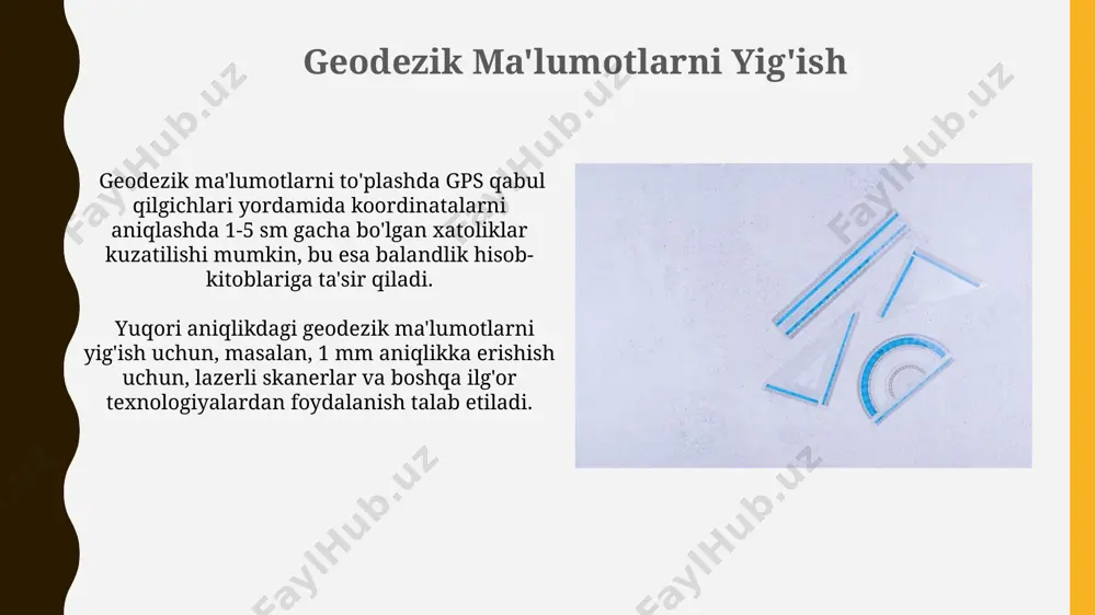 shda, 1:10000 masshtabdagi topografik xaritalardan foydalanib, balandlik farqlarini 0.1 metr aniqlikda o'lchash va xatoliklarni minimallashtirish usullarini qo'llash tavsiya etiladi. balandlikni aniqlashda ellipsoyid balandligi va geoid balandligi o'rtasidagi farqni, ya'ni geoid undalmasini (n) 2 metrgacha aniqlash muhim, chunki bu aniqlik topografik xaritalar tuzish uchun zarur. e'tiboringiz uchun rahmat @taqdimot_robot image1.jpg image2.jpg image3.jpg image4.jpg image5.jpg image6.jpg image7.jpg image8.jpg image9.jpg