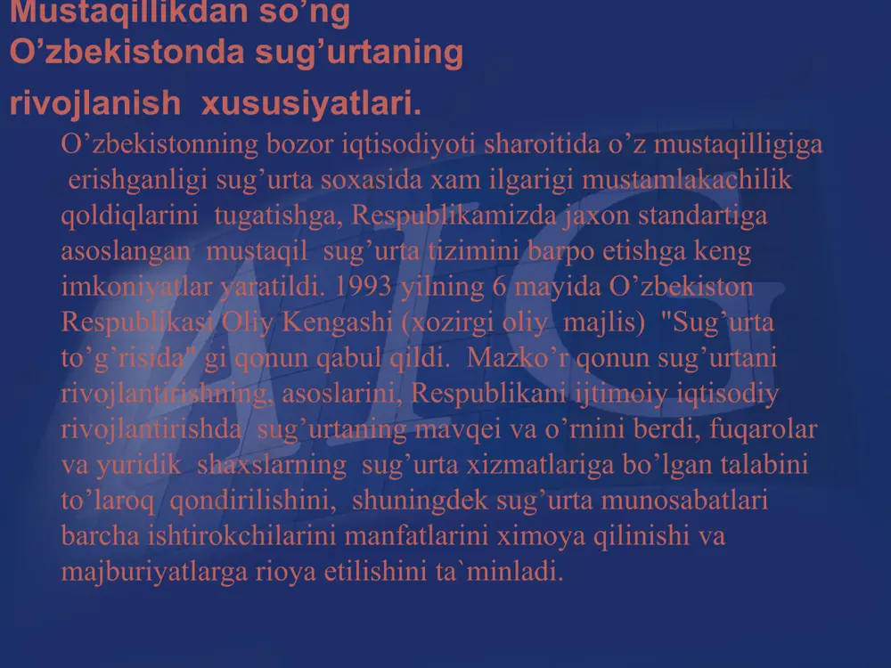ta soxasida monopoliyadan chiqarish jarayoni bir muncha tezlashdi. 1994 yil oxirlarida mamlakat nodavlat sektorida 60 dan ortiq sug’urta tashkilotlari faoliyat ko’rsata boshladi. o’zbekiston respublikasi prezidentining farmoniga muvofiq 1994 yil 21 yanvarda o’zbekinvest milliy sug’urta kompaniyasi (1997 yil vazirlar maxkamasining qaroriga muvofiq "o’zbekinvest" eksport-import milliy sug’urta kompaniyasi o’zgartirildi) tashqil etildi. uning asosiy maqsadi respublika iqtisodiyotida eksport o’sishini yanada rag’batlantiri, o’zbekistonlik eksportlarni sug’urtaviy ximoya qilishni ta`minlash, xorijiy mamlakatlar investorlari bilan aloqa qiluvchi o’zbek investorlarining faoliyatini kuchaytirish iqtisodiyotining ustivor tarmoqlariga jalb etilayotgan chet el investitsiyalarini kompleks sug’urtaviy ximoya qilishdan iborat. mustaqillikdan so’ng o’zbekistonda sug’urtaning rivojlanish xususiyatlari. sug’urta xizmatlari soxasini samarali rivojlantirishni ta`minlash, dexqonchilik maxsuloti etishtiruvchilarni va axolini sug’urta yo’li bilan ximoya qilish uchun qulay shart-sharoitlarni yaratish maqsadida o’zbekiston respublikasi prezidentining 1997 yil 25 fevraldagi farmoniga muvofiq o’zbekiston respublikasi moliya vazirligi xuzuridagi davlat sug’urta bosh boshqarmasi negizida "o’zagrosug’urta" davlat aktsiyadorlik sug’urta kompaniyasi tashqil etildi. o’zbekiston respublikasi vazirlar maxkamasining 1997 yil 14 martdagi karoriga muvofiq …