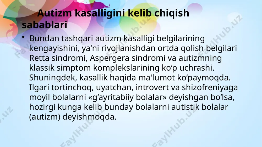 sh. bu xususiyat oldingi bir xillikka bo'lgan ehtiyoj bilan chambarchas bog'liq va bitta mustaqil rbs-r tekshirish tadqiqoti ikkalasini birlashtirishni taklif qildi . cheklangan xulq-atvor tor yo'naltirilgan bo'lib, unda odamning qiziqishi yoki faoliyati, masalan, bitta teledastur yoki o'yinchoqqa qaratilgan. autizmni davolash davolash maqsadida ortda qolayotgan jihatlarni korrektsiya qilish uchun barcha turdagi autist bolalarga mos keladigan quyidagi chora tadbirlar qo‘llash mumkin: gapirish qobiliyatini yaxshilash maqsadida logoped bilan mashg‘ulotlar olib borish; so‘zlashish uchun rasmli kartochkalardan foydalanish yoki planshet, kompyuterda so‘zlarni yozib o‘rgatish; bola bilan har xil o‘yinlar o‘ynash, bir sferada faqat bir mutaxassis bilan; medikamentoz davo faqatgina qo‘shimcha sifatida bolada kuchli agressiya bo‘lsagina buyuriladi. nimalar qilish kerak!? autizmga chalingan bemor bolalarni qanday bo‘lsa, shunday qabul qilish kerak. kattalar buni o‘z vaqtida aniqlab, ularni qo‘llab-quvvatlashlari zarur. autizm kasalligi homila ona qornidalik davridayoq uning bosh miyasi rivojlanishida ba'zi oqsillarning yetishmasligi sababli paydo bo‘lishi mumkin, degan taxminlar mavjud. bu xastalikning irsiyat bilan bog‘liqligi hali to‘liq o‘rganilmagan. …