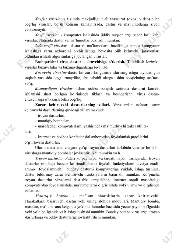 vchi viruslar taalluqli. bu viruslar kiritilish joylari bilan xarakterlanadi. quyidagi variantlar bo’lishi mumkin: 1. fayl boshiga kiritish. ushbu usul ms-dos com- fayllari uchun eng qulay hisoblanadi, chunki ushbu formatda xizmatchi sarlavhalar ko’zda tutilgan. 2. fayl oxiriga kiritish. bu usul eng ko’p tarqalgan bo’lib, viruslar kodiga boshqarishni uzatish dasturning birinchi komandasi (sot) yoki fayl sarlavhasini (exe) modifikasiyalash orqali ta’minlanadi. 3. fayl o’rtasiga kiritish. odatda bu usuldan viruslar tuzilmasi oldindan ma’lum fayllarga (masalan, command.com fayli) yoki tarkibida bir xil qiymatli baytlar ketma- ketligi bo’lgan, uzunligi virus joylashishiga yetarli fayl​larga tatbiqan foydalanadi. yuklama viruslar uchun zararlash bosqichining xususiyatlari ular kiritiluvchi obyektlar - qattiq disklarning yuklanish sektorlarining sifati va qattiq diskning bosh yuklama yozuvi (mbr) orqali aniqlanadi. asosiy muammo-ushbu obyekt o’lchamlarining chegaralanganligi. shu sababli, viruslar o’zlarining qurbon joyida sig’magan qismini diskda saqlashi, hamda zararlangan yuklovchi original kodini tashishi lozim. makroviruslar uchun zararlash jarayoni tanlangan hujjat – qurbonda virus kodini saqlashdan iborat. ba’zi axborotni ishlash …