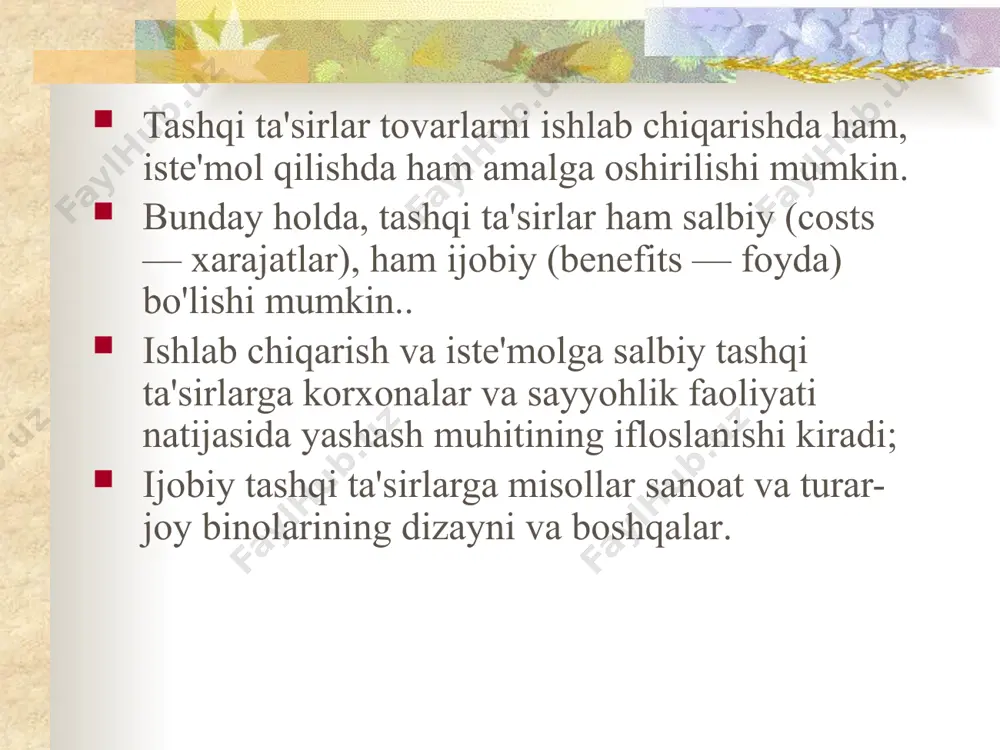subsidiya. pigu soliqlari va subsidiyalari tashqi ta'sirlarni o'zlashtiradi va ularni individual tanlov jarayonining bir qismiga aylantiradi. ichki (ichki) - tashqi ta'sir ishlab chiqaruvchi yoki iste'molchini individual tanlash jarayoniga kiritilgan vaziyatni yaratish. pigu soliqlari va subsidiyalarining afzalliklari ularning moslashuvchanligi va ko'p qirraliligini o'z ichiga olishi kerak. salbiy tomonlar-bu tashqi xarajatlar va foydalarni amaliy baholashning murakkabligi. boshqacha qilib aytganda-optimal soliq va subsidiya miqdorini aniqlash oson emas. kouz teoremasi: agar tashqi sharoitlar bilan bog'liq bo'lgan ikki tomon o'zaro muzokaralarni bepul amalga oshirishi mumkin bo'lsa (yoki tranzaktsion xarajatlar ahamiyatsiz bo'lsa), bu yetkazilgan zarar uchun qonun bo'yicha kim javobgar bo'lishidan qat'i nazar (mulk huquqi qanday taqsimlanishidan qat'i nazar) samarali natijaga erishishga olib keladi). yalpi foydani maksimal darajada oshirish usullari: 1. qo'shma korxona tashkil etish. ikki firma birlashishga rozi bo'lishi mumkin va keyin bitta korxona maksimal daromad haqida qayg'uradi. 2. muammoni to'lovlar (mukofotlar) orqali hal qilish. agar firmalar mustaqil bo'lib qolsalar, unda maksimal foyda olish muammosi …