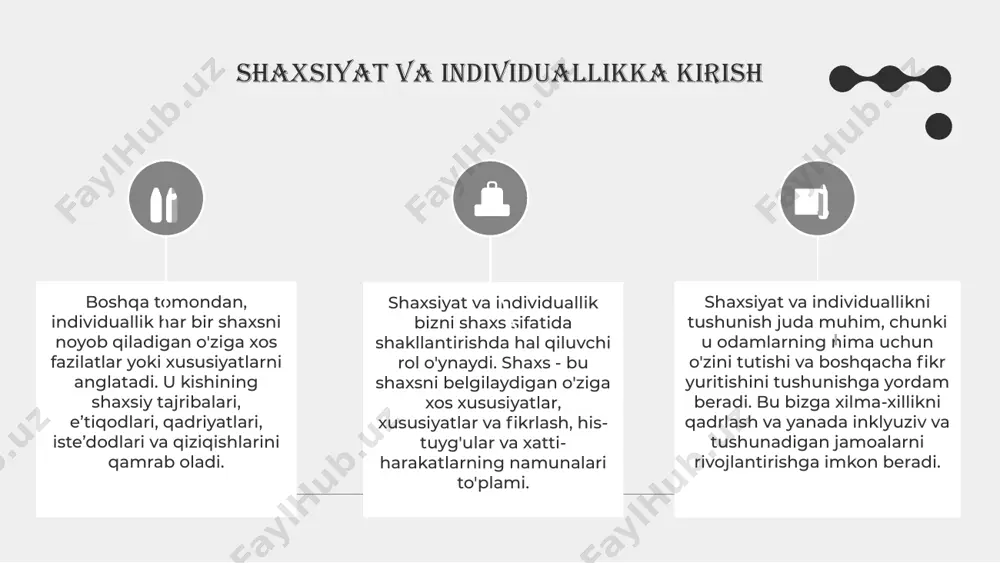 qadriyat va maqsadlarini tan olish va ularni o'z hayotida aks ettirish. identifikatsiya qadriyatlarni ichki ishonch sifatida qabul qilib, ularni shaxsiy hayotda qo'llash. ichki qabul qilish 8 inson yolg’iz bo’lishi mumkin lekin u bilan doimo o’zi bo’ladi chunki insonning yagona do’sti ham, dushmani ham o’zi qiziqarli asoslar bu o'ziga xos his-tuyg‘ular, qiziqishlar va maqsadlarni aniqlashga yordam beradi. 9 o'z-o'zini anglash madaniyat, insonni o'zini anglashga va o'ziga xosligini rivojlantirishga ta'sir qiladi. madaniyat ta’siri har bir insonda mavjud bo'lgan o'ziga xos xususiyatlar - shaxsiyatning ajralmas qismi. u o'ziga xos xususiyatlar shaxsiy tajribalar - hayot davomida yuzaga keladigan voqealar va o'zgarishlar. shaxsiy tajriba insonlar orasidagi muloqot shaxsning o'zini qanday anglashiga va o'ziga xosligini qanday namoyon etishiga ta'sir qiladi. ijtimoiy muloqot saturn is composed mostly of hydrogen and helium saturn men boshqalardan o’zgacha inson bo’la olaman! 10 o’zingizni lider sifatida ko’rasizmi? ha yo’q qolganlarga o’xshashni xohlaysizmi? yo’q yagona inson boshqalarga o’xshash inson ha boshqalar sizni …