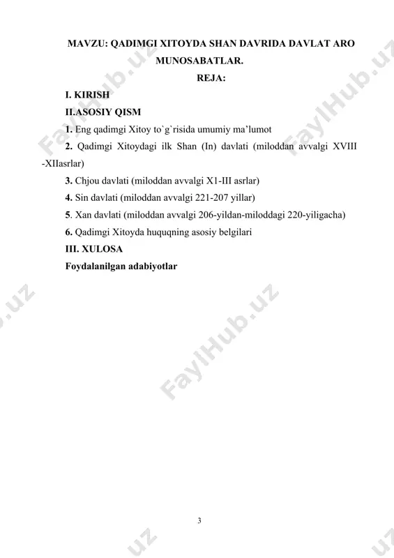 n avvalgi 221-207 yillar); 4) xan podsholigi (miloddan avvalgi 206 yildan milodning 220 yiligacha) davrlariga bo`lib o`rganiladi. so`nggi davr quldorlik davlatining feodal davlatga o`sib o`tishi bilan xarakterlanadi. 2. qadimgi xitoydagi ilk shan (in) davlati (miloddan avvalgi xviii-xii asrlar) qadimgi xitoyda shahar tipidagi sivilizatsiyaning dastlabki o`choqlari miloddan avvalgi ii ming yillikda xuanxe daryosi havzasida tashkil topa boshlagan. xitoy an’analarida aytilishicha, qadimgi xitoyda davlat miloddan avvalgi xviii asrda sya qabilasining shan qabilasi tomonidan bosib olinishi natijasida tashkil topgan. o`sha vaqtda shan qabilasi boshlig`i chen tan degan kishi davlatga asos solib, unga hukmdor qabilaning nomi bilan shan davlati deb atagan. unda quldorlik munosabatlari bilan bir qatorda jamoa ishlab chiqarishiga asoslangan ijtimoiy munosabatlar ham rivojlangan. bu yerda hukmron sinf in dunyoviy aristokratiyasidan, kohinlardan va bo`ysundirilgan qabilalarning aristokratlaridan tashkil topgan.davlatning tashkil topishi qullarga xususiy shaxslar ham, davlat ham egalik qilishi mumkin bo`lgan aholining asosiy qismini erkin jamaochilar tashkil etgan. podsho birinchi va eng yirik quldor, …
