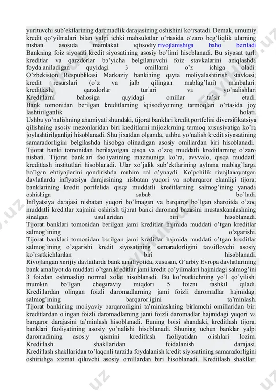 i. shu sababli foiz stavkasi inflyasiya darajasini hisobga olgan holda belgilanadi. foiz stavkasi inflyasiya darajasining shiddatiga nisbatan to‘g‘ri mutanosiblikda o‘zgaradi. pullarni qarzga berishdan ko‘ra uni boshqa usulda foydalanishdan kelib tushadigan daromad pul egasining afzal ko‘rish tamoyiliga asoslanadi. agar aksiyadan ko‘rilgan dividend yuqori miqdorda bo‘lsa, u holda foiz stavkasi pasayadi va aksincha. agar aksiya uchun 15% dividend berilsa, u holda foiz stavkasi undan yuqori darajada bo‘lishi shart, aks holda pul egasi uni qarzga bermaydi va u aksiya sotib olishni afzal ko‘radi. qarz berishning risk darajasi qarzning qaytib kelish ehtimolligini izohlaydi. agar qarzning qaytib kelishi kafolatlangan bo‘lsa, u holda foiz stavkasi past darajada, agar u riskli bo‘lib, qarz qaytishi shubhali bo‘lsa, u holda foiz stavkasi yuqori darajada belgilanadi. odatda moliyaviy barqaror va nufuzli xo‘jalik yurituvchi sub’ektlar uchun foiz stavkasi alohida belgilanadi. yuqori foiz bilan past foiz o‘rtasidagi farq pul egalari uchun muayyan darajadagi qarz riskini kamaytiradi, chunki foiz stavkasining biron joyda past …