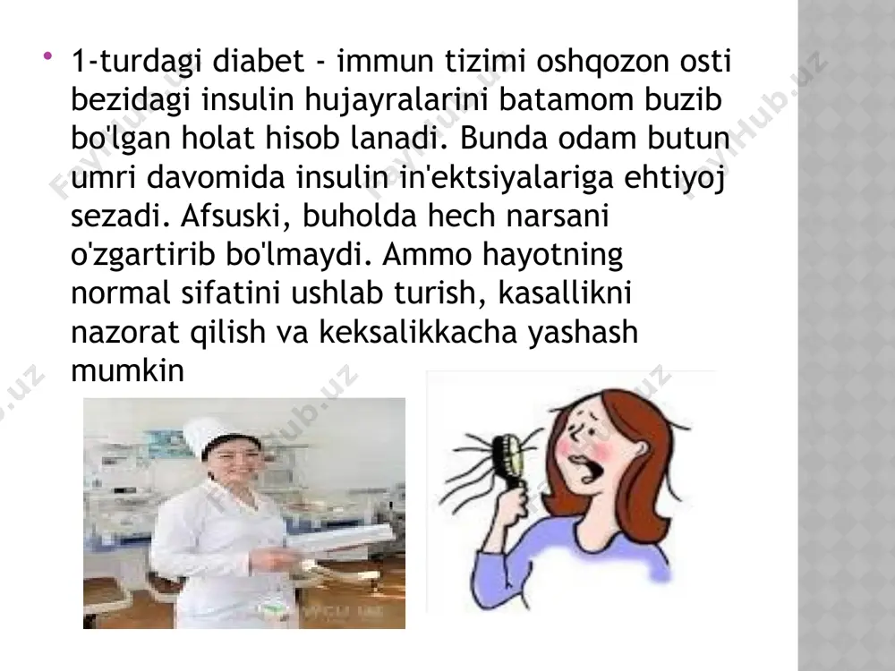 i. glyukozaga sezuvchanlik sinovi. och holatda va ovqatdan keyin ikki soat oʻtib qondagi glyukoza miqdorini oʻzaro solishtiriladi. glikemik kuzatuv. kun davomida qondagi qand miqdorini bir necha bor tahlil qilish. davolash samarasini oʻrganish uchun qoʻllaniladi. siydikda glyukoza, oqsil, oq qon hujayralari mavjudligi tekshiriladi. siydikda atseton mavjudligini tekshiriladi. qonda glikolizlangan gemoglobin miqdorini aniqlanadi. qonning biokimyoviy tahlili. qandli diabet bilan kasallangan barcha bemorlar quyidagi mutaxassislar koʻrigidan oʻtishlari shart: endokrinolog; kardiolog; nevrolog; oftalmolog; jarroh. qandli diabet davosi 1-tip diabet kasalligida organizm oʻzi mustaqil insulin ishlab chiqara olmaydi. shuning uchun qondagi qandni boshqarishda yordam berish uchun insulin qabul qilish kerak boʻladi. insulin 1-toifa diabetni davolashning asosiy usuli hisoblanadi. kiritilgan insulin tana ishlab chiqara olmaydigan gormon oʻrnini bosadi. boshqa qoʻshimcha davolash usullari, shuningdek, taomnoma asosida toʻgʻri ovqatlanish, belgilangan jismoniy mashqlarni bajarish 1-tip diabetning alomatlarini nazorat qilishda foyda beradi. insulinning eng koʻp ishlatiladigan toʻrt turi mavjud. ular qanchalik tez ishlashni boshlashlari va ularning taʼsiri qancha davom etishi …