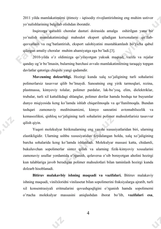 an holda, xalq xo’jaligining barcha sohalarida keng ko’lamda ishlatiladi. molekulyar massasi katta, chidamli, bukuluvchan sopolimerlar sintez qilish va ularning fizik-kimyoviy xossalarini zamonaviy usullar yordamida o’rganish, qolaversa o’sib borayotgan aholini hozirgi kun talablariga javob beradigan polimer mahsulotlari bilan taminlash hozirgi kunda dolzarb hisoblanadi. bitiruv malakavbiy ishning maqsadi va vazifalari. bitiruv malakaviy ishning maqsadi, vinilxloridni vinilasetat bilan sopolimerini fraksiyalarga ajratib, turli xil konsentrasiyali eritmalarini qovushqoqligini o’rganish hamda sopolimerni o’rtacha molekulyar massasini aniqlashdan iborat bo’lib, vazifalari esa, sopolimerlanish darajasini, bo’kish tezligi va darjasini zamonaviy usullar yordamida o’rganishdan iboratdir. bitiruv malakaviy ishning ilmiyligi. bitiruv malakaviy ishning ilmiyligi shundaki, polimer yoki sopolimerlarni mustahkamligi, haroratga, kislotali yoki ishqoriy muhitlarga chidamliligi ko’proq molekulyar massasiga bog’liqdir. molekulyar massa qancha katta bo’lsa, u shunchalik mustahkam va chidamli bo’ladi. bundan tashqari har qanday yangi polimer yoki sopolimer moddasi sintez qilingandan so’ng, uning ko’pgina fizik-kimyoviy xossalari o’rganiladi. bitiruv malakaviy ishda ham vinil xloridni vinilasetat bilan sopolimerini fizik-kimyoviy xossalari fizik tadqiqot usullari …