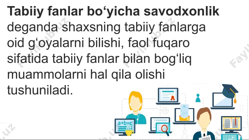 hqa organizmlarga ham ta’sir ko‘rsatadi. kungaboqar o‘simligi asalarilar hamda ayrim turdagi qushlar uchun ozuqa manbaidir. i9 presentation to joe smith ‹#› asalarilar kungaboqarning nektari bilan oziqlansa, qushlar uning urug‘lari bilan oziqlanadi. ushbu bog‘liqlikni inobatga olgan holda, nima sababdan asalarilarning yo‘q bo‘lib ketishi qushlar populyatsiyasining kamayishiga olib kelishi mumkin? i9 presentation to joe smith ‹#› kompetensiya hodisalarni ilmiy jihatdan tushuntirish bilim – sistema fanning mazmuniga oid – tirik kontekst mahalliy/milliy – atrof-muhit holati kognitiv daraja o‘rta savol formati ochiq javobli – ekspert tomonidan kodlanadi i9 presentation to joe smith ‹#› 18 xulosa tabiiy fanlar bo‘yicha savodxonlikka berilgan ta’rif, pisa 2015 tabiiy fanlar bo‘yicha savodxonlik modeli pisa savollarining maqsadi bilan tanishdik. pisa topshiriqlari – o‘quvchilarning kompetensiyalarini baholovchi vosita. i9 presentation to joe smith ‹#› topshiriq “pisa – o‘quvchilarning savodxonligini baholash xalqaro dasturi” deb nomlangan 1-bobni o‘qish. i9 presentation to joe smith ‹#› e’tiboringiz uchun rahmat! i9 presentation to joe smith ‹#› image1.jpeg …