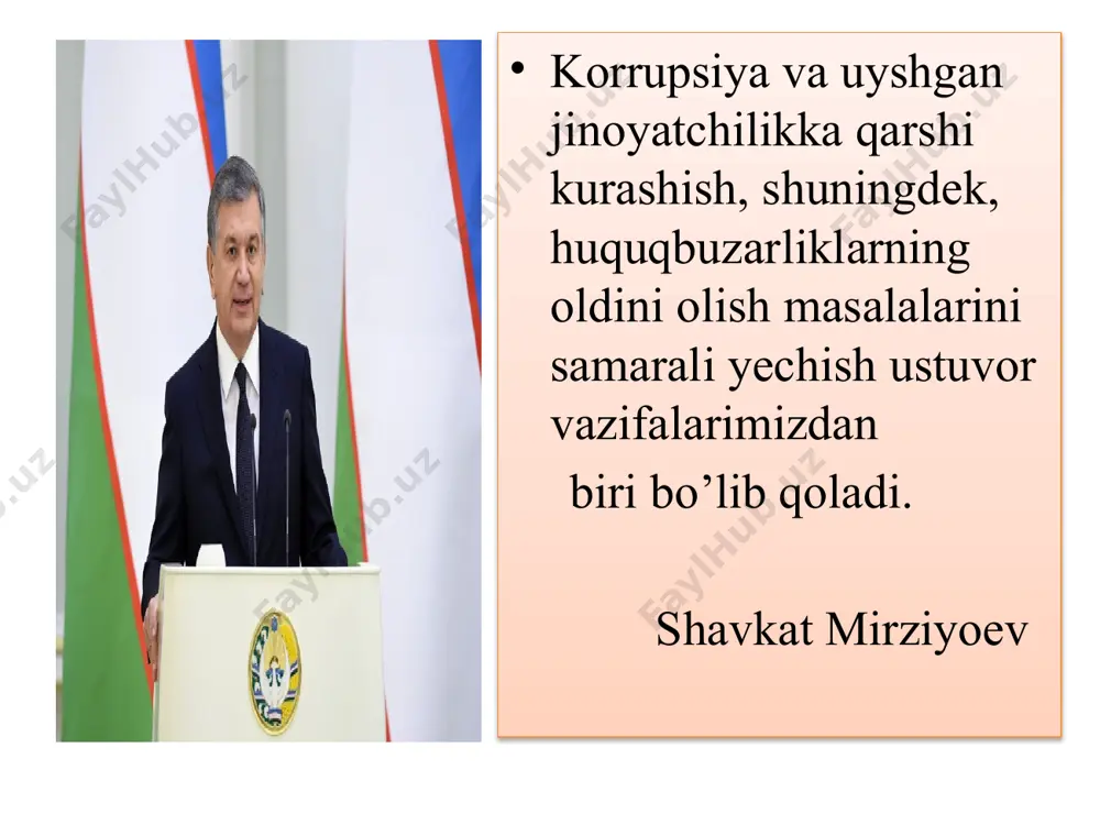 atlari va aniq chora-tadbirlar majmuidir. korrupsiyaga qarshi kurashish bo’yicha faoliyatni amalga oshiruvchi davlat organlari. o’zbekiston respublikasi bosh prokuraturasi; o’zbekiston respublikasi davlat xavfsizlik xizmati; o’zbekiston respublikasi ichki ishlar vazirligi; o’zbekiston respublikasi adliya vazirligi; o’zbekiston respublikasi bosh prokuraturasi huzuridagi iqtisodiy jinoyatlarga qarshi kurashish departamenti; korrupsiyaga qarshi kurashish bo’yicha faoliyatni qonun xujjatlariga muvofiq boshqa davlat organlari ham amalga oshiradi image1.png image2.png image3.png image4.png image5.png image6.png /docprops/thumbnail.jpeg