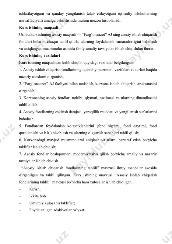 r necha bor qatnashib o‘zining qiymatini yaratilayotgan mahsulotlarga qisman-qisman o‘tkazuvchi hamda jismoniy shaklini saqlab qoluvchi mehnat vositalariga aytiladi. asosiy fondlar yoki vositalarni tarkiblashda jahon va respublika hisob belgiloviga muvofiq quyidagi ikkita jihat mezon sifatida olingan. birinchisi, ularning qiymat ifodasi, ikkinchisi – xizmat muddati. asosiy vositalarning qiymat ifodasi uning kam baholi va tez eskiruvchi buyumlardan farqlanish chegarasini xarakterlaydi. bu ifoda 5-sonli bhms bilan ish haqi minimumining 50 barobarida qilib belgilangan. asosiy vositalarning xizmat muddati ularning bir yildan ortiq muddat xizmat qilishini xarakterlaydi. xizmat muddati bir yildan ortiq bo‘lgan, lekin qiymat jihatdan qat’iy chegaradan oshmaydigan qiymatliklar, shuningdek, qiymatliklar, xo‘jalik inventarlarining ayrim turlari asosiy vositalar qatoriga kiritilmaydi. bu qator bevosita kam baholi va tez eskiruvchi buyumlari tarkibida hisobga olinadi. asosiy vositalar va ularning tahlili to‘g‘risida bir qator iqtisodchi olimlar o‘zlarining fikrlarini bildirib o‘tishgan. jumladan, t.shog‘iyosovning «kompleks iqtisodiy tahlil» nomli darsligida quyidagicha mualliflik yondoshuvi aks ettirilgan: «asosiy vositalar, deb moddiy ishlab chiqarish sohasida hamda …
