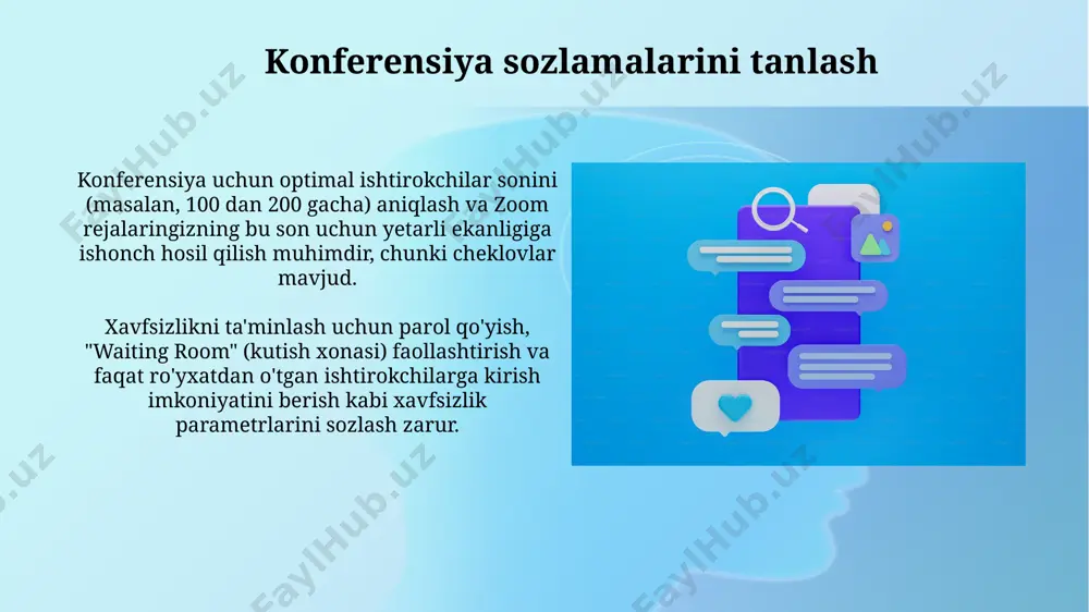g vaqtini oldindan aniq belgilash (masalan, 30 minut) va har bir javob uchun taxminiy vaqt limiti (masalan, 2 minut) belgilab qo'yish sessiyani samarali va tartibli o'tkazishga yordam beradi. qatnashchilarning savollari uchun alohida zoom chat yoki maxsus savol-javob platformasidan foydalanib, 50 tadan ortiq savol bo'lganda, ularni toifalarga ajratish va eng dolzarblarini tanlash strategiyasini qo'llash maqsadga muvofiqdir. zoom xususiyatlaridan foydalanish "polling" funksiyasi orqali konferentsiya davomida 10 tagacha savol berib, ishtirokchilardan real vaqt rejimida javob olish va natijalarni darhol tahlil qilish imkoniyati mavjud. zoom'ning "cloud recording" xususiyati sizga konferentsiyani avtomatik ravishda bulutga yozib olish va keyinchalik 1080p hd sifatida yuklab olish imkonini beradi. qatnashchilar bilan aloqa zoom platformasida 100 dan ortiq ishtirokchilar bilan samarali aloqa o'rnatish uchun kichik guruhlarga bo'lish va breakout xonalaridan foydalanish tavsiya etiladi. ishtirokchilar bilan real vaqt rejimida chat orqali muloqot qilish va ularning savollariga tezkor javob berish uchun kamida 2 nafar texnik yordamchi tayinlash maqsadga muvofiq. e'tiboringiz uchun rahmat …