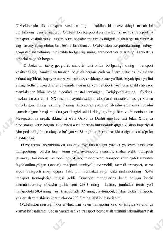 temiryo`l, avtomobil, tasmali transport, osma arqon transporti rivoj topgan. 1995 yili mamlakat yalpi ichki mahsulotining 8,4% transport tarmoqlariga to`g`ri keldi. transport tarmoqlarida band bo`lgan ishchi xizmatchilarning o`rtacha yillik soni 298,3 ming kishini, jumladan temir yo`l transportida 58,4 ming , suv transportida 0,6 ming , avtomobil, shahar elektr transporti, yuk ortish va tushirish korxonalarida 239,3 ming kishini tashkil etdi. o`zbekiston mustaqillikka erishgandan keyin transportni xalq xo`jaligiga va aholiga xizmat ko`rsatishini tubdan yaxshilash va transport boshqarish tizimini takomillashtirish maqsadlarida «o`zbekiston havo yo`llari» milliy aviakompaniyasi (1992), «o`zbekiston avtomobil transporti» («uzavtotrans») davlat aksiya-dorlik korporatsiyasi (1993), «o`zbekiston temir yo`llari» davlat aksiyadorlik kompaniyasi 1994 va boshqa idoralar tashkil etildi. sanoat va qishloq xo`jaligida ishlab chiqarishning o`sishi keng miqyosidagi kapital qurilishi va transport moddiy texnika bazasining yuksalishi bilan yuk yo`lovchilar tashish hajmlari ham orta bordi. umumiy foydalanishdagi sanoat transport turlari va yuk yo`lovchilarning asosiy qismini avtomobil transporti tashkil etadi (1995 yilda yuklarning 70% : 1819, 6 million …