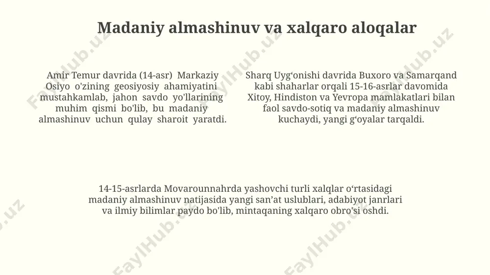an rasadxonani qurgan va matematika, astronomiya sohalarida 200 dan ortiq mutaxassislar bilan ishlagan, ilmiy taraqqiyotga katta hissa qoʻshgan. adabiyot va sanʼatning yuksalishi sharq uygʻonishi davrida, taxminan 15-18-asrlarda, buxoro va samarqand kabi shaharlarda adabiyot va sanʼatning gullab-yashnashi kuzatildi, 100 dan ortiq shoir va yozuvchilarning asarlari saqlanib qolgan. navoiyning "xamsa"si kabi monumental asarlar, fors va turkiy tillarda yozilgan, sharq uygʻonishining adabiy merosiga ulkan hissa qoʻshdi va 20 dan ortiq qoʻlyozma nusxalari topilgan. miniatyura sanʼati oʻzining yuksak choʻqqisiga yetdi, 16-asrda herat maktabining ustalari tomonidan yaratilgan 500 dan ortiq noyob qoʻlyozmalar dunyo muzeylarida saqlanadi. savdo va iqtisodiyotning taraqqiyoti transoxoniya hududida 16-asrda yangi bozorlarning ochilishi va dengiz savdosining rivojlanishi natijasida savdo hajmi 30% ga oʻsdi, bu esa mintaqaning iqtisodiy taraqqiyotiga ijobiy taʼsir koʻrsatdi. 14-asr oxiri va 15-asr boshlarida oʻrta osiyoda hunarmandchilikning rivojlanishi, ayniqsa, metallurgiya va kulolchilik sohalarida 20% ga oʻsish kuzatildi, bu mintaqaviy iqtisodiyotga sezilarli hissa qoʻshdi. sharq uygʻonishi davrida buxoro va samarqand shaharlarida 15-16-asrlarda …