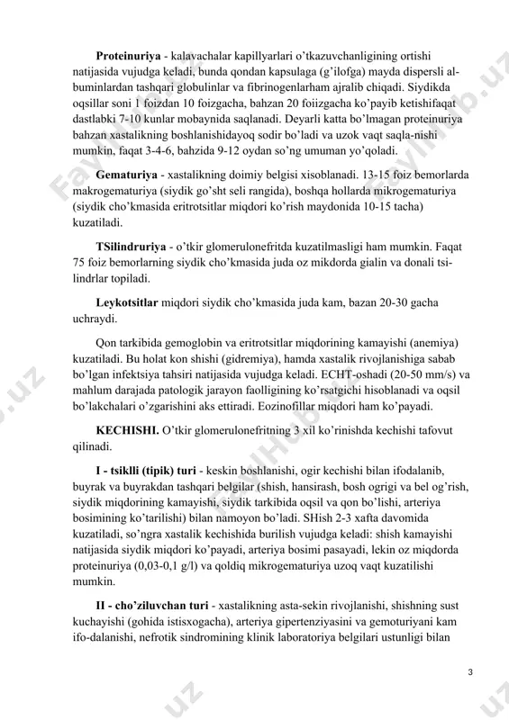 a t tishchalari o’zgarishi, qo’pincha (t tishi chuqur va qrs kompleksi voltaji pasayganligi aniqlanadi. siydik o’zgarishlari. siydik miqdori bir kecha-kunduzda 400-700 mlgacha kamayadi (oliguriya), bahzan anuriya kuzatiladi. siydik ajralishining kamayishi asosan buyrak kalavachalarining yalliglanishi oqibatida - filg’tratsiyasining susayishi bilan bog’liq, bunda siydikning nisbiy zichligi deyarli o’zgarmaydi. o’tkir glomerulonefritda siydik sindromi - proteinuriya, tsilindruriya, makro va mikrogematuriya bilan ifodalanadi. proteinuriya - kalavachalar kapillyarlari o’tkazuvchanligining ortishi natijasida vujudga keladi, bunda qondan kapsulaga (g’ilofga) mayda dispersli al-buminlardan tashqari globulinlar va fibrinogenlarham ajralib chiqadi. siydikda oqsillar soni 1 foizdan 10 foizgacha, bahzan 20 foiizgacha ko’payib ketishifaqat dastlabki 7-10 kunlar mobaynida saqlanadi. deyarli katta bo’lmagan proteinuriya bahzan xastalikning boshlanishidayoq sodir bo’ladi va uzok vaqt saqla-nishi mumkin, faqat 3-4-6, bahzida 9-12 oydan so’ng umuman yo’qoladi. gematuriya - xastalikning doimiy belgisi xisoblanadi. 13-15 foiz bemorlarda makrogematuriya (siydik go’sht seli rangida), boshqa hollarda mikrogematuriya (siydik cho’kmasida eritrotsitlar miqdori ko’rish maydonida 10-15 tacha) kuzatiladi. tsilindruriya - o’tkir glomerulonefritda kuzatilmasligi …