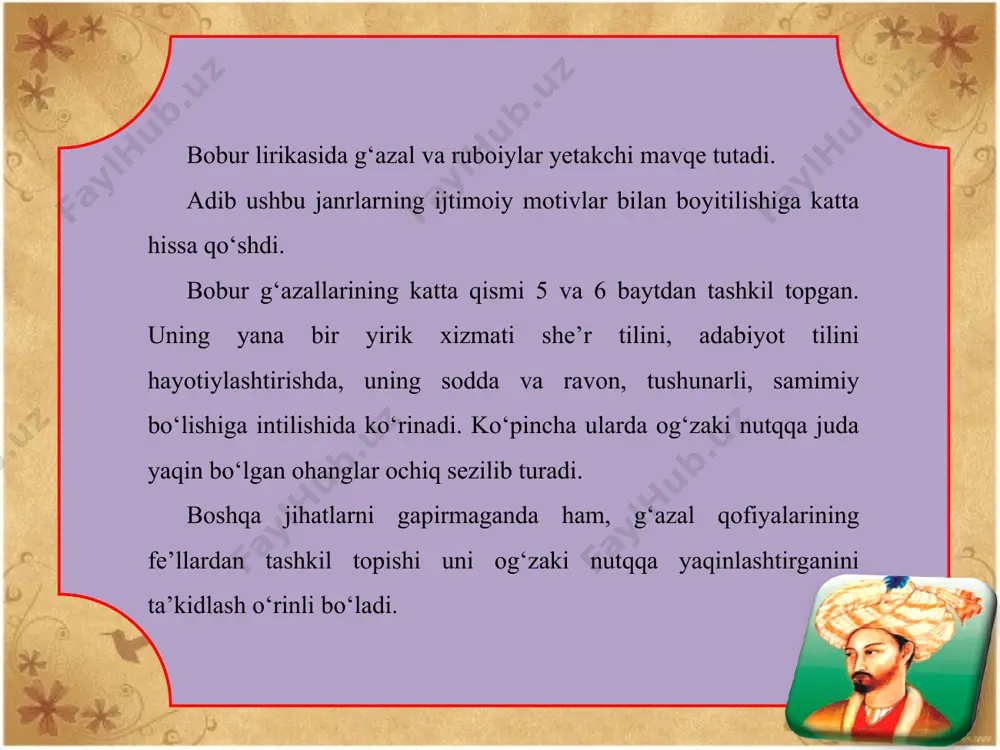oti o‘zi tug‘ilib o‘sgan yurtlardan yiroqda kechg anini yaxshi bilasiz. shu bois bobur ruboiylarida ona vatanga intilish, g‘urbat, hijron mavzulari keng yoritilgan. quyidagi ruboiy ham adibning yurt sog‘inchiga to‘la qalbining aks sadosi, o‘ziga xos oynasidir. ko‘pdin berikim, yor-u diyorim yo‘qdur, bir lahza-yu bir nafas qarorim yo‘qdur. keldim bu sori o‘z ixtiyorim birla, lekin borurimda ixtiyorim yo‘qdur. birinchi misradayoq yor va diyor sog‘inchi juda oshkor va samimiy ifodalanmoqda. unda muddatning davomiyligi e’tiborni tortadi. bunga ko‘pdin berikim ifodasi orqali erishilgan. keyingi misrada ana shu hodisa-sababning oqibati ko‘rsatilmoqda: bu o‘rinda ham muddat, vaqt, fursat tushunchasiga tayanil moqda. uning ifodasi – bir lahza­yu bir nafas. bu o‘z-o‘zidan ko‘p va oz tushunchalari orasidagi ziddiyatni yuzaga chiqaradi. ularn ing ostidagi ma’no tovlanishlari bizni o‘ziga jalb etadi. keyingi ikki misrada ham mantiqiy ziddiyat aks etgan. ulardagi tayanch so‘zlar keldim va borurimdadir. ruboiy qofiyasi asosiy mavzuni ochishda muhim omil bo‘lgan. shunga ko‘ra, asosiy fikrni ifodalovchi so‘z – diyor …
