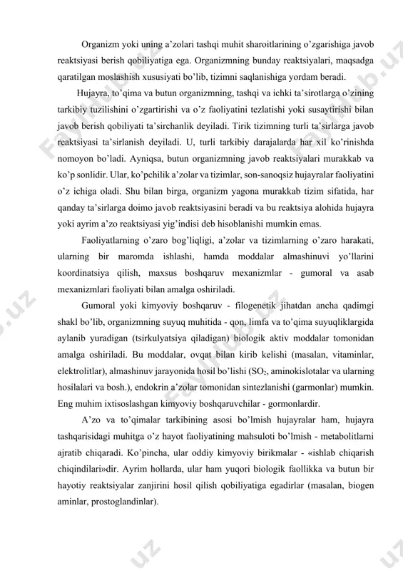 endokrin a’zolar tomonidan sintezlanishi (garmonlar) mumkin. eng muhim ixtisoslashgan kimyoviy boshqaruvchilar - gormonlardir. a’zo va to’qimalar tarkibining asosi bo’lmish hujayralar ham, hujayra tashqarisidagi muhitga o’z hayot faoliyatining mahsuloti bo’lmish - metabolitlarni ajratib chiqaradi. ko’pincha, ular oddiy kimyoviy birikmalar - «ishlab chiqarish chiqindilari»dir. ayrim hollarda, ular ham yuqori biologik faollikka va butun bir hayotiy reaktsiyalar zanjirini hosil qilish qobiliyatiga egadirlar (masalan, biogen aminlar, prostoglandinlar). gumoral boshqaruvchilar qonga o’tib organizmning barcha hujayralariga boradi, lekin turli xujayralarning tanlab ta’sirlanishi tufayli (gormonlar uchun bu maxsus gormon-retseptorlarning borligi tufayli amalga oshiriladi) ular faqat ma’lum bir a’zolar faoliyatiga ta’sir qiladilar. organizm a’zolari o’rtasidagi gumoral aloqalar, hayvonot va o’simlik dunyosi uchun umumiy bo’lib, o’ziga xos xususiyatlari bilan tavsiflanadi. birinchidan, kimyoviy moddalar sekin tarqaladi. ikkinchidan, qon, limfa yoki to’qima suyuqligiga kelib tushadigan birikmalarning boradigan aniq manzili bo’lmaydi, ularning ta’siri lokal emas, ya’ni aniq joy bilan chegaralanmagan, shundan kelib chiqqan, holda u diffuziya yo’li bilan sodir bo’ladi. uchinchidan, amalga …
