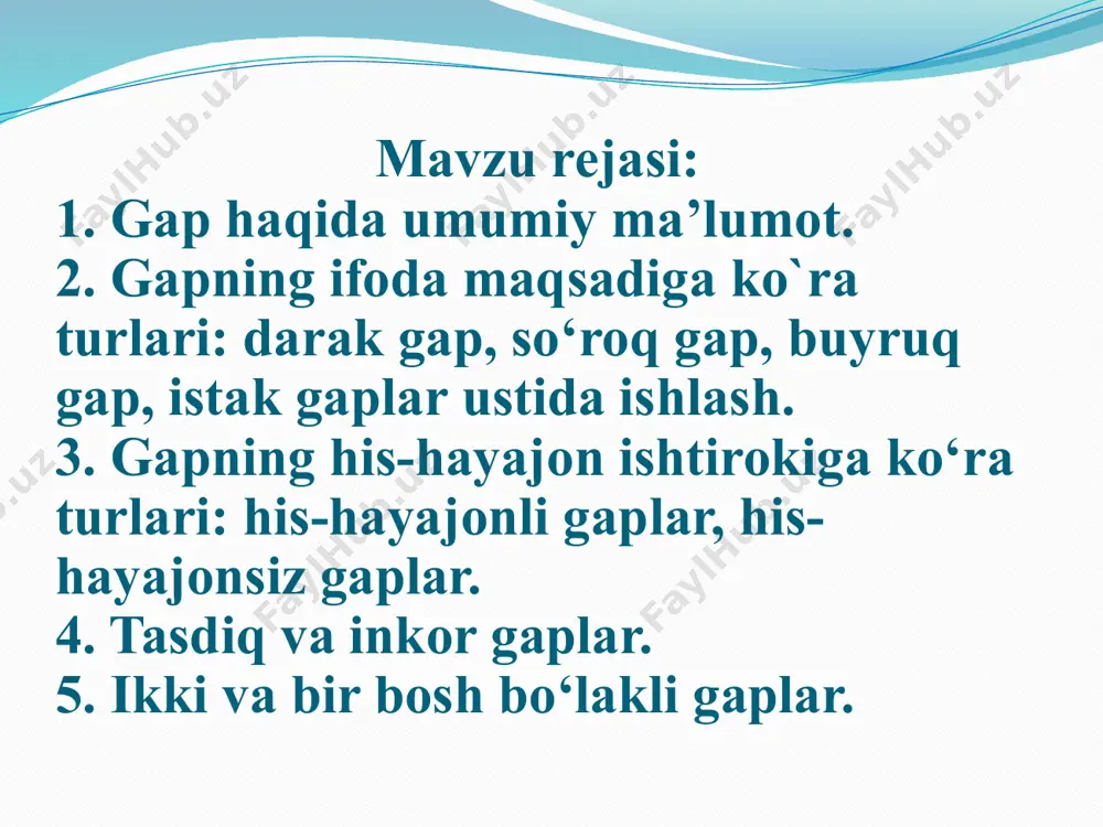. darak gaplar – xabar, darak berish orzu-umid, ishonch, ta’kid, g‘urur, maslahat, sevinch, taajjub, gumon, tashvish, g‘azab, norozilik, kinoya kabi mazmun turlarini ifodalaydi. gap oxiri pasayuvchi ohang bilan aytiladi va nuqta qo‘yiladi: bugun qor yog‘di. kun sovib ketmadi. 2. so‘roq gaplar orqali so‘zlovchi o‘zi bayon qilgan fikrga suhbatdoshini fikr bildirishga undaydi, tasdiqlash yoki inkor qilishga undaydi: uni kutdingmi? yozuvda so‘roq gap oxiriga so‘roq belgisi qo‘yiladi. bu gaplar ko‘proq dialogik nutqda uchraydi. so‘roq gaplar quyidagicha hosil bo‘ladi: - so‘roq olmoshlari bilan: kim qayerga ketadi? - so‘roq yuklamalari yordamida: ertaga kelasiz-a? -so‘roq ohangi yordamida, bunda ko‘pincha kutilmagan xabar natijasida gapdagi biror bo‘lak yoki gap butunicha takrorlanadi: biz ketamiz. ketamiz? so‘roq gaplar so‘roq mazmunini ifodalashiga ko‘ra sof so‘roq gaplar va ritorik so`roq gaplarga bo‘linadi. sof so‘roq gaplar javob talab qilinadigan gaplardir. asosan dialog shaklida bo‘ladi: - sen bugun biznikiga kelasanmi? -ha. ritorik so‘roq gaplar javob talab qilmaydigan gaplardir. yashirin javobi tasdiq yoki inkor …