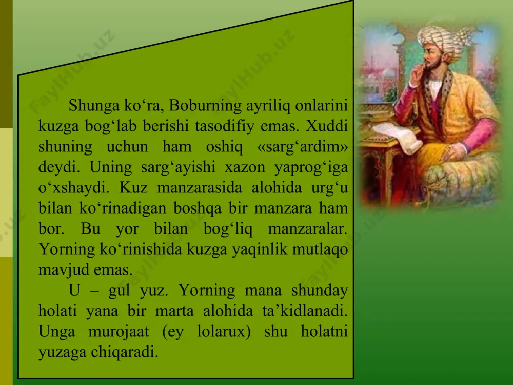 i yana hushyor topmadim. nochor furqati bila xo‘y etmisham, netay, chun vaslig‘a o‘zumni sazovor topmadim. bore boray eshigiga bu navbat, ey ko‘ngul, nechaki borib eshigiga bor topmadim. bobur, o‘zungni o‘rgatako‘r yorsizki, men istab jahonni muncha qilib yor topmadim. xating aro uzoring – sabza ichinda lola, ul chashmi purxumoring loladagi g‘azola. barcha parilar, ey jon, girdingda zor-u hayron, go‘yo erur namoyon oy tegrasida hola. mehr-u vafoni, ey yor, ko‘p ko‘rdi sendin ag‘yor, javr-u jafoni bisyor qilding manga havola. hajringda, ey pariro‘, ko‘zumdin uchdi uyqu, har kecha tongga degru ishimdur oh-u nola. yuz safhasinda xatlar yoshdinki, har taraf bor ishqingda bobur aylar bu nav’ yuz risola. «xating aro uzoring – sabza ichinda lola...» ushbu g‘azal boburning badiiy mahoratini ko‘rsatib berishda alohida o‘rin tutadi. unda bobur tasvirning ham, tasviriy san’atning ham ustasi sifatida namoyon bo‘ladi. dastlabki bayt yor – mahbubaning go‘zalligini tasvirlashga bag‘ishlangan. bunda shoir asosiy maqsad qilib yorning tashqi ko‘rinishi – yuzini …