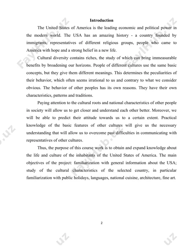 and culture of the inhabitants of the united states of america. the main objectives of the project: familiarization with general information about the usa; study of the cultural characteristics of the selected country, in particular familiarization with public holidays, languages, national cuisine, architecture, fine art. chapter i. general information about the united states 1.1 geographic location of the united states the total area of the country is about 9.36 million sq. km (9.82 million sq. km including islands and trust territories). the usa is located on the continent of north america. the country's territory is conditionally divided into three parts: the continental part - located in the center of the continent, the alaska peninsula and the hawaiian islands. the geographical position of the usa: the east is washed by the atlantic ocean, the south - by the waters of the caribbean sea, or more precisely, by the waters of its …
