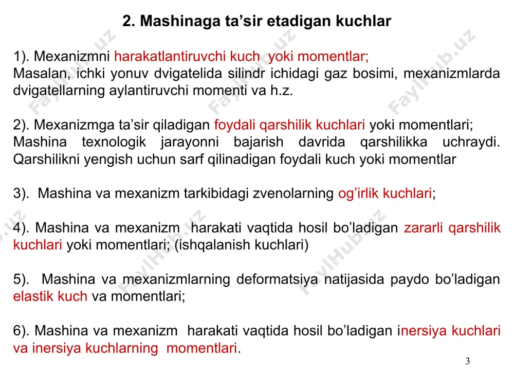 o’lgan tashkil etuvchiga ajratamiz. tashkil etuvchilarning yo’nalishlarini o’zimiz tanlaymiz. * * reaksiya kuchlari –bu bir jismni ikkinchi jismga ta’sir kuchi. masalan 1-zvenodan 2 zvenoga ta’sir etayotgan kuch r12 va teskari 2-zvenodan 1 zvenoga ta’sir etayotgan kuch r21 * iv sinfdagi kinematik juftligida reaktsiya kuchlari bu sinfdagi kinematik juftliklarda reaksiya kuchi tegib turgan yuzalarning normali bo’yicha yo’nalgan bo’ladi * nazorat savollari 1. mexanizmlar dinamikasida qanday asosiy masalalarni yechadi? 2. mashinaga qanday kuchlar ta’sir etadi? 3. mashinaning harakat tenglamasini va uning tashkil etuvchilarning mazmunini keltiring. 4. inertsiya kuchlari haqida nima bilasiz? ilgarilanma, aylanma va tekis parallel harakatdagi inertsiya kuchlari. 5. erkin jism, bog’lanishlar va reaktsiya kuchlari tushunchalari.