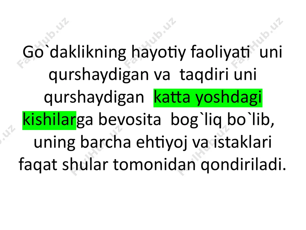 dan ajrata oladilar. eshitish sezgisi bolalarning eshitish sezgisi ham rivojlanadi. ular ovozlar, nutq tovushlarini ajratib ola boshlaydilar, unga e'tibor beriboradilar. harakatlar ushbu davrda bolalarning muskul-skelet tizimining rivojlanishi, sezgi organlarining ham muttasil takomillashuvi natijasida bolalarning harakatlari murakkablashah boradi. idrok jarayonlari bolalarning idrok qilish, fikrlash, e'tibor kabi psixik jarayonlari ham rivojlana boradi. ular olamni his qilish, his-tuyg'ularni boshqarish ko'nikmalarini egallaydilar. 10 bolaning diqqat va xotirasini rivojlantirish diqqatni jalb qilish 1-yosh davr bolalarining diqqatini qisqa vaqtga tortish mumkin. buning uchun ularga yangi, qiziqarli narsalar ko'rsatish, yangi so'zlar o'rgatish, turli ovozlar eshittirish kabi vositalardan foydalanish mumkin. xotiraning rivojlanishi shuningdek, ushbu davrda bolalarning xotirasida ham yaxshilanish kuzatiladi. ular katta odamlar tomonidan berilgan topshiriqlarni bajarishni, yangi so'zlarni yodda tutishni boshlaydilar. amaliy faoliyatlar bolalarning diqqat va xotirasini rivojlantirishda ularni predmetlar bilan turli amaliy faoliyatlarga jalb etish muhim o'rin tutadi. masalan, tuzatish, qurish, konstruksiyalar yasash kabi mashg'ulotlar foydalanish mumkin. 11 fransuz psixologi anri vallon go`daklikda ijtimoiy tasirlanish ortib …
