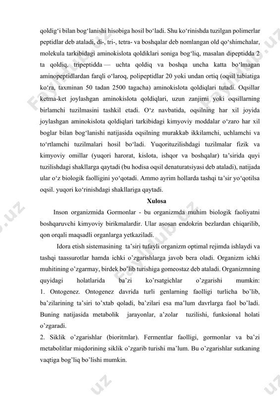 asi bir necha mingdan bir necha mlnga teng. oqsillar molekulasining qurilish ashyosi sifatida aminokislotalar xizmat qiladi. aaminokislotaning bir uglerod atomiga (a-uglerod atomi) aminoguruh va karboksil guruh birikadi. oqsillarda 20 turdagi aminokislota uchraydi, ular bir-biridan r-guruhi bilan farq qiladi, u gidrofil yoki gidrofob, asosli, kislotali yoki neytral boʻlishi mumkin. oqsillardagi aminokislotalar bir-biri bilan peptid bogʻlari, yaʼni amina bogʻlari bilan birikkan, bu bogʻ bir aminokislota a-karboksil qoldigʻining ikkinchi aminokislota a-aminoguruxli qoldigʻi bilan bogʻlanishi hisobiga hosil boʻladi. shu koʻrinishda tuzilgan polimerlar peptidlar deb ataladi, di-, tri-, tetra- va boshqalar deb nomlangan old qoʻshimchalar, molekula tarkibidagi aminokislota qoldiklari soniga bogʻliq, masalan dipeptidda 2 ta qoldiq, tripeptidda — uchta qoldiq va boshqa uncha katta boʻlmagan aminopeptidlardan farqli oʻlaroq, polipeptidlar 20 yoki undan ortiq (oqsil tabiatiga koʻra, taxminan 50 tadan 2500 tagacha) aminokislota qoldiqlari tutadi. oqsillar ketma-ket joylashgan aminokislota qoldiqlari, uzun zanjirni yoki oqsillarning birlamchi tuzilmasini tashkil etadi. oʻz navbatida, oqsilning har xil joyida joylashgan aminokislota …