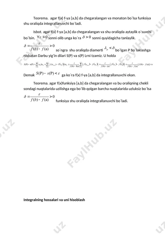 geo, fiz, mexanikaga tadbiqlari matematika fizika mexanika hamda fan va texnikaning boshqa sohalarida uchraydigan ko`pgina masalalarni yechish malum funksiyalarning integrallarini hisoblshga keltiriladi. f(x) funksiya [a,b] oraliqda aniqlangan bo`lsin. tarif. agar ab yoyiga chizilgan( [a,b] oraliqni har qanday p bo`laklashga mos) siniq chiziq perimetri da chekli limitga ega bo`lsa u holda ab yoy uzunlikka ega deyiladi.va bu yoy uzunligi formula yordamida hisoblanadi. quyida sistema egri chiziqni parametric tenalamasi ko`rinishida berilgan bo`lsin. u holda ab yoyning uzunligi quyidagi formula orqali ifodalanadi. tekis shaklning yuzini egri chiziqli trapetsiyaning yuzini toppish usuli yordamida topiladi: . qutb koordinatalar sistemasida funksiya tasvirlangan ab yoy hamda oa va ob radius vektorlar bilan chegaralangan shakl- egri chiziqli sector berilgan bo`lsin. quyida egri chiziqli sector yuzini hisoblash formilasi berilgan. malumki l uzunlikka ega bo`lgan ab kesmani unga parallel o`q atrofida aylantirishdan hosil bo1lgan sirt slindrik sirt deb ataladi. bu sirtning yuzi ushbu formula yordamida aniqlanadi. faraz qilaylik biror jism …