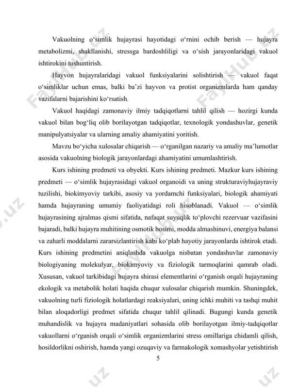 jmi: kurs ishi kirish, 2 ta bob 6 ta reja, xulosa va foydalanilgan adabiyotlar, hamda 29 betdan iborat i bob. vakuol: tuzilishi va tarkibi 1.1.vakuolning hujayradagi o‘rni va umumiy tuzilishi vakuolning tuzilishi va turlari vakuol — bu sitoplazmadagi suyuqlik bilan to‘ldirilgan, bir yoki bir nechta membrana bilan o‘ralgan bo‘shliqlardir. u asosan o‘simlik hujayralarida rivojlangan bo‘lib, hayvon va zamburug‘ hujayralarida ham uchraydi, lekin u yerda kichik va kam bo‘ladi. a) tuzilishi: membranasi (tonoplast): vakuol tashqi tomondan tonoplast deb ataluvchi yarim o‘tkazuvchan (selektiv) membrana bilan o‘ralgan. tonoplast hujayra ichki muhiti va vakuol tarkibi o‘rtasida moddalar almashinuvini nazorat qiladi. ichki tarkibi (hujayra shirasi): vakuol ichida hujayra shirasi deb ataluvchi suyuqlik bo‘ladi. u quyidagilardan iborat: suv mineral tuzlar (k⁺, na⁺, ca²⁺ va boshqalar) aminokislotalar, organik kislotalar shakarlar, pigmentlar (masalan, antosianinlar) metabolitlar va chiqindilar (masalan, taninlar, alkaloidlar) fermentlar (gidrolitik fermentlar, ya’ni parchalaydigan fermentlar) b) turlari: o‘simlik vakuoli: o‘simlik hujayrasida vakuol katta va markaziy bo‘lib, hujayra …