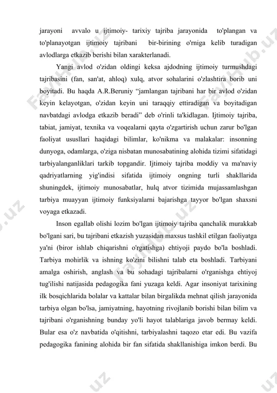 i natijasida ro'y berdi.“taraqqiyot tasodif emas, balki zaruratdir” deb ta'kidlagan fransuz olimi viktor gyugo. hayotning barcha yo'nalishlaridagi tajribalar maktabning vujudga kelishiga sabab bo'ldi. maktab so'zi yunon tilida “dam olish, mehnatdan so'ng hordiq chiqarish” degan ma'noni anglatadi. јqadimgi gresiyada maktab deb tajribaliroq, bilag'onroq odamlarning bolalari va usmirlar bilan suhbatlashishini aytishgan. keyinchalik “maktab” termini maxsus o'quv-tarbiya muassasalari sifatida ishlatila boshlagan va hozirgi vaqtda ham shu ma'noda ishlatiladi. tarbiyaning takomillasha borishi natijasida jamiyat tuzilishida faoliyatning yangi turi yuzaga chiqdiki, u yoshlarni maxsus ijtimoiy pedagogik dasturlar asosida hayotga ongli va maqsadga muvofiq tayyorlashga mo'ljallangandir. bu masala pedagogik kasbning bo'lishini taqazo etardi. uni amalga oshirish uchun maxsus tayyorlangan mutaxassislarga ehtiyoj tug'dirdi. pedagogik bilimlar inson faoliyatining maxsus yo'nalishlarida yosh avlodni ijtimoiy hayotga tayyorlashda va tarbiyalashda muhim ahamiyat kasb etadi. shuning uchun ham pedagogika fani jamiyatning rivojlanishida, odamlarning ijtimoiy ishlab chiqarish, ijtimoiy va ma'naviy tajribalarini keyingi avlodga etkazishini hal qiluvchi va jamiyatning rivojlanishini ta'minlovchi fan deyish mumkin. …