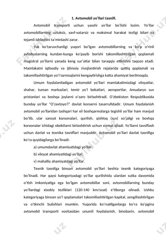 n yo‘l qoplamalari takomillashtirilgan kapital, yengillashtirilgan va o‘tkinchi bulishlari mumkin. yuqorida ko‘rsatilganlarga ko‘ra ko‘pgina avtomobil transporti vositasidan unumli foydalanish, binobarin, avtomobil transport vositasi va yo‘llardan samarali foydalanish ko‘p jihatdan yuqorida qayd etilgan ko‘rsatkichlarga bog‘liqdir. asosiy yo‘l yuzalarining eng kichik xisobiy ko‘rinuv masofasi yo‘l kategoriyalariga binoan 250 m dan 75 m gacha blgilanadi; bunday masofa yo‘llarning og‘ir kesimli joylarida 175 m dan 50 m gacha, tog‘li yerlarning murakkab qismlarida esa 100 m dan 40 m gacha bo‘lishi zarur. qarama-qarshi yo‘nalishdagi avtomobillarning ko‘rinish masofalari 2-4 kategoriyali yo‘llarning murakkab kesimli joylarida 350 m dan 150 m gacha, tog‘li yerlarning murakkab bo‘laklarida esa 150 m dan 80 m gacha bo‘lishi ta’minlanishi zarur. 2. shahar aloqa yo‘llari tasnifi. shahar aloqa yo‘llari tizimi shaharning ahamiyatli joylari, uning barcha tumanlarini eng qulay va iloji boricha qisqa yo‘l bilan va eng kam vaqt sarflagan holda o‘zaro bog‘lashni ta’minlashi lozim. bunda aholi yashovchi tumanlar va ularning ish joylari hamda …