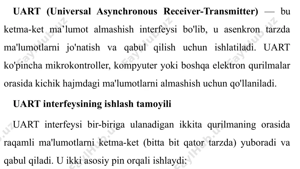sozlash uchun quyidagi parametrlar muhim hisoblanadi: baud rate — yuboruvchi va qabul qiluvchi qurilma bir xil tezlikda ishlashi kerak. ma'lumot uzunligi — odatda 8 bit. paritet — xatolarni tekshirish uchun ishlatiladi. odatda juft yoki toq paritet ishlatiladi, lekin ba'zi tizimlarda paritetsiz rejim ham mavjud. stop bit — odatda 1 yoki 2 bit. uart interfeysining afzalliklari va kamchiliklari afzalliklari: oddiy tuzilishi va kam komponentlardan foydalanilishi. sinxron soat signalisiz ishlashi sababli oddiyroq va energiyani tejaydi. past va o'rtacha tezlikda ishlaydigan ilovalar uchun yetarli. kamchiliklari: sinxron signalisiz ishlashi sababli, yuqori tezlikda signal yo'qolishi va xatolar yuzaga kelishi mumkin. masofa oshishi bilan signalning barqarorligi kamayishi. bir vaqtning o'zida faqat bitta qurilma bilan ma'lumot almasha oladi (dupleks ishlay olmaydi). uartni arduino’da qo’llash arduino platformasida uart interfeysi orqali ma'lumot almashish uchun serial kutubxonasi mavjud. arduino’da uart ishlatish uchun qulay dasturlash usuli bor, va u quyidagicha ishlaydi. misol: arduino’da ketma-ket ma'lumot jo'natish va qabul qilish. ushbu kod …