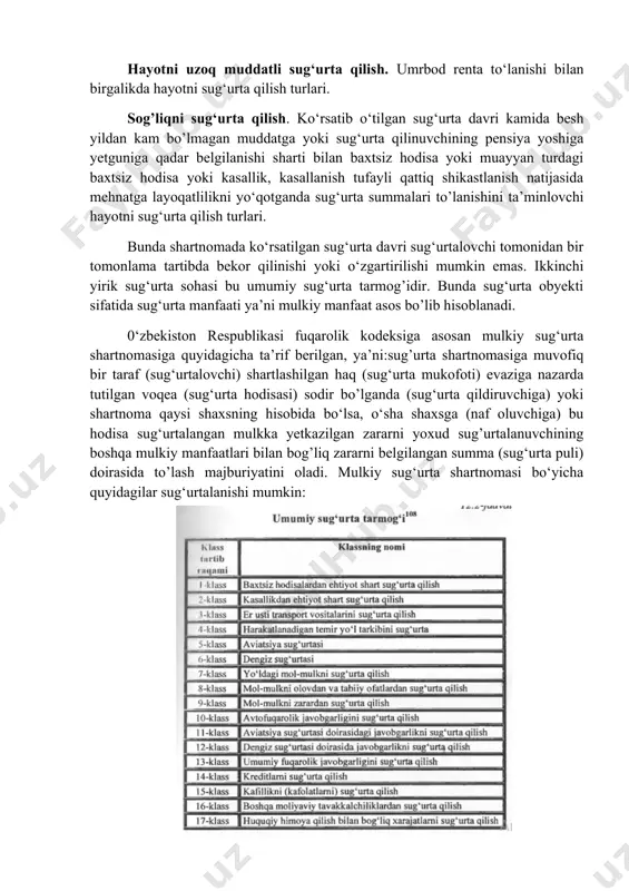 ish tufayli qattiq shikastlanish natijasida mehnatga layoqatlilikni yo‘qotganda sug‘urta summalari to’lanishini ta’minlovchi hayotni sug‘urta qilish turlari. bunda shartnomada ko‘rsatilgan sug‘urta davri sug‘urtalovchi tomonidan bir tomonlama tartibda bekor qilinishi yoki o‘zgartirilishi mumkin emas. ikkinchi yirik sug‘urta sohasi bu umumiy sug‘urta tarmog’idir. bunda sug‘urta obyekti sifatida sug‘urta manfaati ya’ni mulkiy manfaat asos bo’lib hisoblanadi. 0‘zbekiston respublikasi fuqarolik kodeksiga asosan mulkiy sug‘urta shartnomasiga quyidagicha ta’rif berilgan, ya’ni:sug’urta shartnomasiga muvofiq bir taraf (sug‘urtalovchi) shartlashilgan haq (sug‘urta mukofoti) evaziga nazarda tutilgan voqea (sug‘urta hodisasi) sodir bo’lganda (sug‘urta qildiruvchiga) yoki shartnoma qaysi shaxsning hisobida bo‘lsa, o‘sha shaxsga (naf oluvchiga) bu hodisa sug‘urtalangan mulkka yetkazilgan zararni yoxud sug’urtalanuvchining boshqa mulkiy manfaatlari bilan bog’liq zararni belgilangan summa (sug‘urta puli) doirasida to’lash majburiyatini oladi. mulkiy sug‘urta shartnomasi bo‘yicha quyidagilar sug‘urtalanishi mumkin: image1.png image2.jpeg