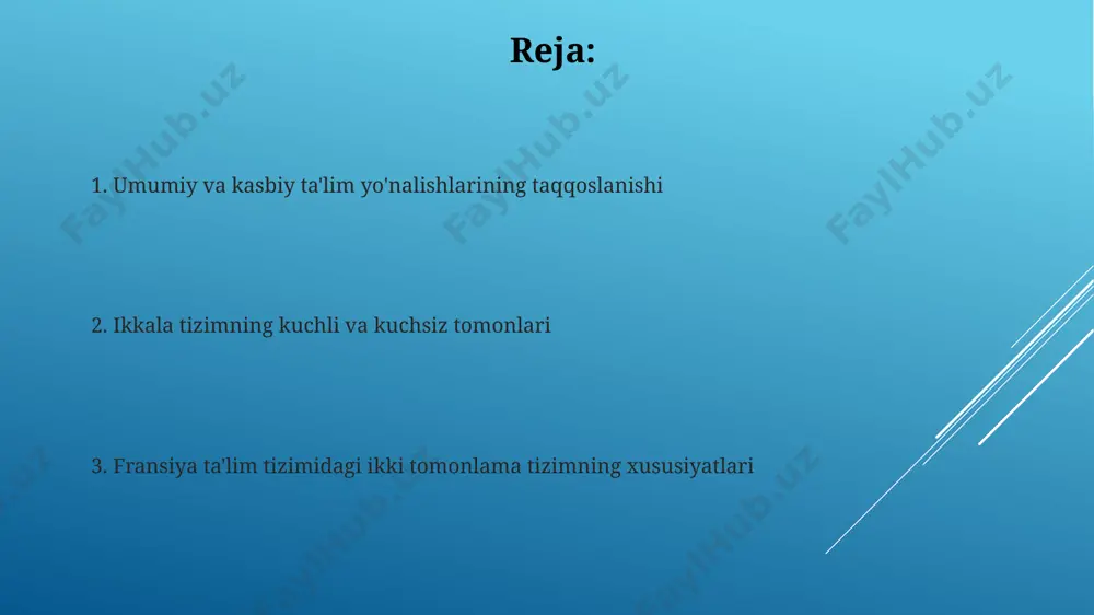 vchilari milliy darajadagi malaka sertifikatlarini (cap, bp, bts) olishadi va 85% dan ortiq bitiruvchilar ishga joylashadilar, bu esa ularning ish bozoriga integratsiyasi yuqori ekanligini ko'rsatadi. kelajakdagi istiqbollar va islohotlar 2030-yilga kelib, fransiyaning professional ta'lim tizimiga qo'shilgan talabalarning 30% ga o'sishi kutilmoqda, bu esa kollejlar va universitetlar o'rtasidagi hamkorlikni kuchaytirish orqali amalga oshiriladi. ta'lim vazirligi tomonidan 2024-yilda 10 ta yangi kasb-hunar yo'nalishi joriy etilishi rejalashtirilgan bo'lib, ular raqamli iqtisodiyot va yangi texnologiyalar sohasiga yo'naltirilgan, masalan, marsel shahrida dasturchilar tayyorlash bo'yicha yangi kurslar ochiladi. boshlang'ich ta'limning o'ziga xos xususiyatlari boshlangʻich taʼlimning 6 yillik davomiyligi fransiyaning butun mamlakat boʻylab bir xil standartlarga ega boʻlishiga imkon beradi, bu esa 10 yoshga toʻlgan barcha oʻquvchilarning oʻrta taʼlimga tayyorligini taʼminlaydi. boshlangʻich sinflarda oʻquvchilar soni 25-30 nafarni tashkil etadi, bu esa oʻqituvchilarning individual yondashuvini cheklab qoʻyadi, lekin ayni paytda oʻzaro hamkorlik va jamoaviy ishlashni rivojlantirishga yordam beradi. davlatning ta'lim tizimiga qo'shgan hissasi davlat fransiya ta'lim tizimining ikki …
