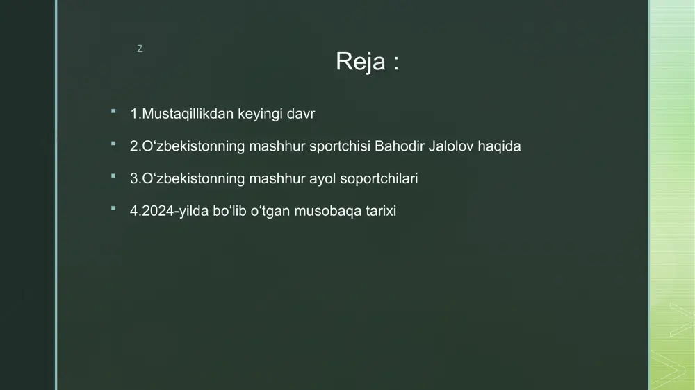 oʻzbekiston iftixori“ unvoni bilan taqdirlangan. z professionallar orasida ogʻir vazn toifasida nabf junior boʻyicha oʻsmirlar oʻrtasida shimoliy amerika chempioni (2019-yildan hozirgacha). 2021-yil aprel oyi holatiga koʻra, boxrec reytingidagi eng yaxshi pozitsiyani – 73-oʻrinni qayd etgan va ogʻir vazn toifasida oʻzbekistonlik bokschilar orasida 1-oʻrinda. 2019-yil sentyabr oyida asosiy xalqaro boks tashkilotlari reytinglariga koʻra, u wbc reytingida 40-oʻrinni egalladi va dunyoning eng yaxshi ogʻir vazn toifasidagi top-75 ga ki z oʻzbekistonning mashhur ayol soportchilari haqida bugungi kunda sportchi xotin-qizlarimizning jamiyat hayotida tutgan o’rni beqiyos. jahon arenalarida yurtimiz bayrog’i baland ko’tarilishida, davlatimiz madhiyasi baralla yangrashida ularning ham munosib hissasi bor. o’zbekistonlik olimpiya va osiyo o’yinlari g’oliblari, jahon va qit’a chempionlari deganda ko’z oldimizda svetlana babanina, elvira saadi, oksana chusovitina, lina cheryazova, iroda to’laganova, saida mahmudova, nozima qayumova va boshqa ko’plab opa-singillarimiz keladi. z z xalqaro xotin-qizlar kuni munosabati bilan olimpiya shon-shuhrati muzeyida tashkil etilgan “o’zbek sportining jasoratli ayollari” mavzuidagi tadbirda shular haqda so’z …