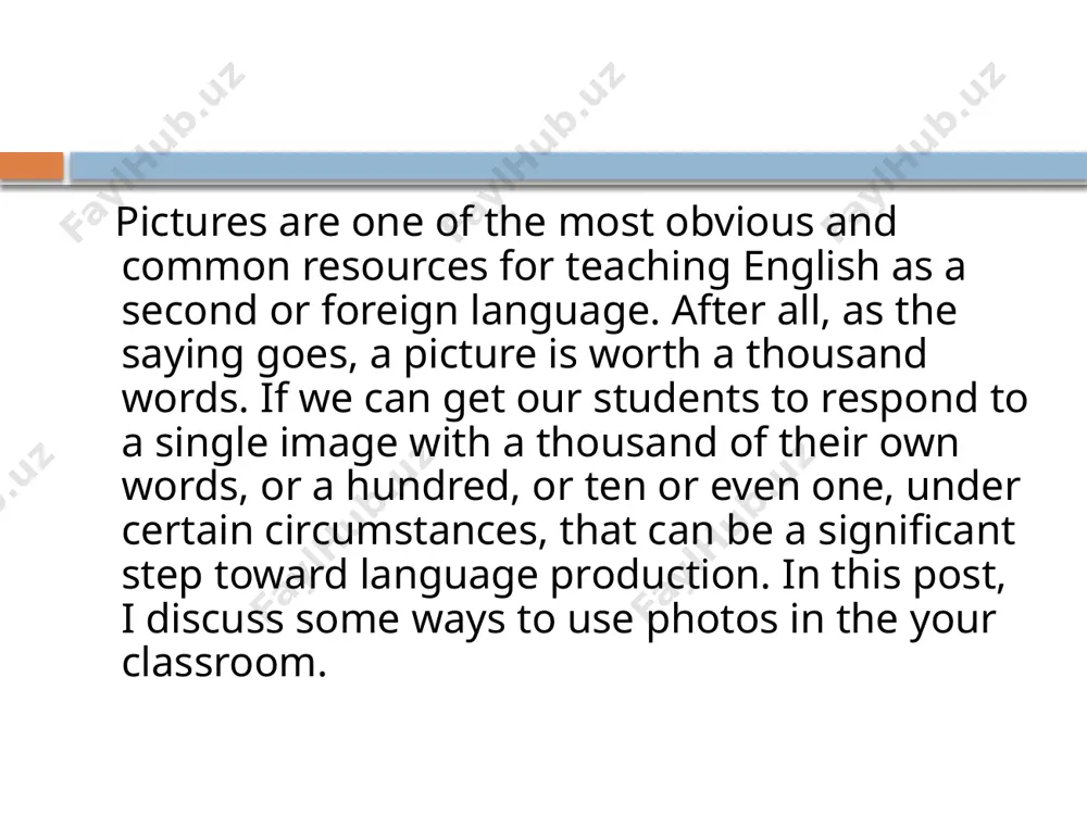 courages students to use specific tenses (such as past simple vs past continuous), vocabulary or functional language in their story - for example, describing a conversation at the train station. talk: at the beginner level, some students’ faces go blank when they are asked to answer a question. teachers can avoid prolonged silence and prevent their students from feeling embarrassed by providing them with a picture. they can break the ice by asking the students to describe what they can see in the picture. understand: what’s the easiest way to explain the meaning of a word? show it! classrooms may be fully equipped, but they can’t hold everything. if there's an item or object that you want to show your students to help them remember the word for it, try showing them a picture. flashcards are an invaluable resource for teaching or revising vocabulary. they can be easily downloaded or …