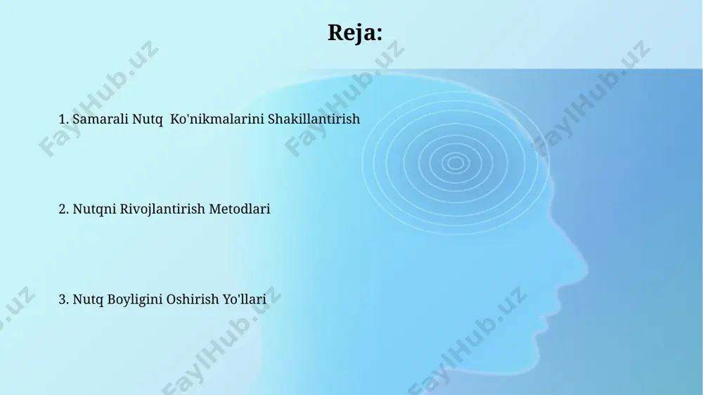 pauzalarni to'g'ri qo'llash, ovoz tembri va intonatsiyasini 3-4 xil variantda o'zgartirish aniqlik va ta'sirchanlikni oshiradi. ko'p o'qish, turli janrdagi adabiyotlarni o'rganish leksika zaxirasini 20-30% ga oshirib, nutq madaniyatini yuksaltiradi. dialogik nutqni rivojlantirish dialogik nutqni rivojlantirishda 5-7 yoshli bolalar uchun rol oʻynash oʻyinlari, masalan, "doktor va bemor" yoki "doʻkon", leksik boyligini 20% ga oshirishga yordam beradi. dialogik nutqni takomillashtirish uchun kamida 3 ta turli xil mavzularda muhokama oʻtkazish, fikrlash jarayonini 15-20% tezlashtiradi va mantiqiy fikrlash qobiliyatini rivojlantiradi. e'tiboringiz uchun rahmat @taqdimot_robot image2.jpg image3.jpg image4.jpg image5.jpg image6.jpg image7.jpg image8.jpg image1.png